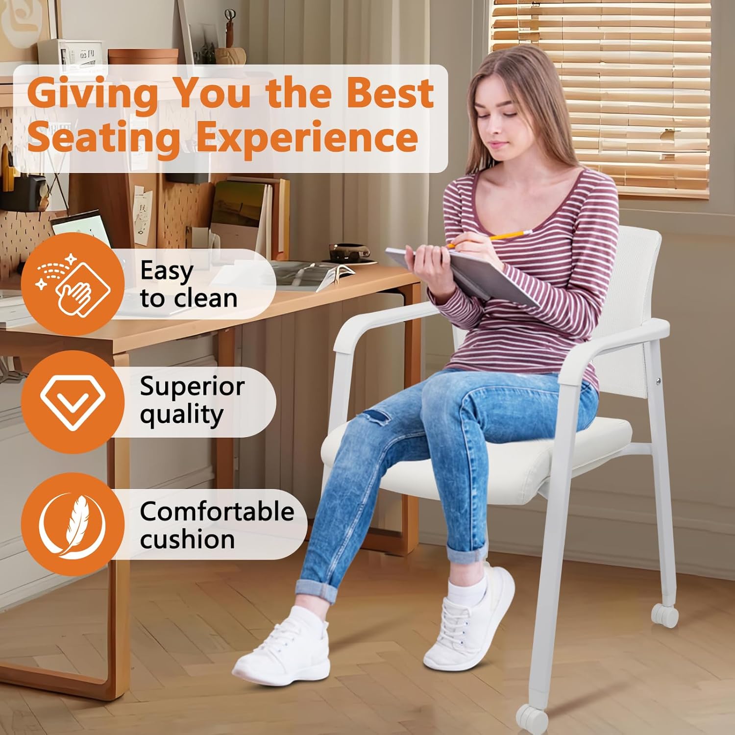 CLATINA Stacking Office Chairs | Mesh Back, Thicken Leather Seat and Arms, Ergonomic Lumber Support | Guest Reception, Waiting, Conference, Party, Customer, Side, Stationary | Set of 2, White