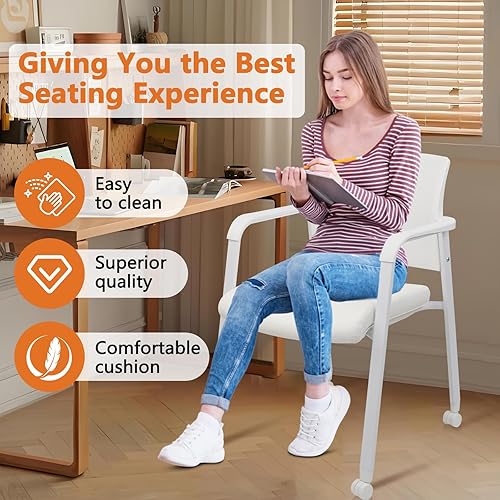 Miniatura 69 de CLATINA Silla de sala de espera negra con ruedas y respaldo de malla apilable con asiento de tela tapizado y soporte lumbar ergonómico para oficina