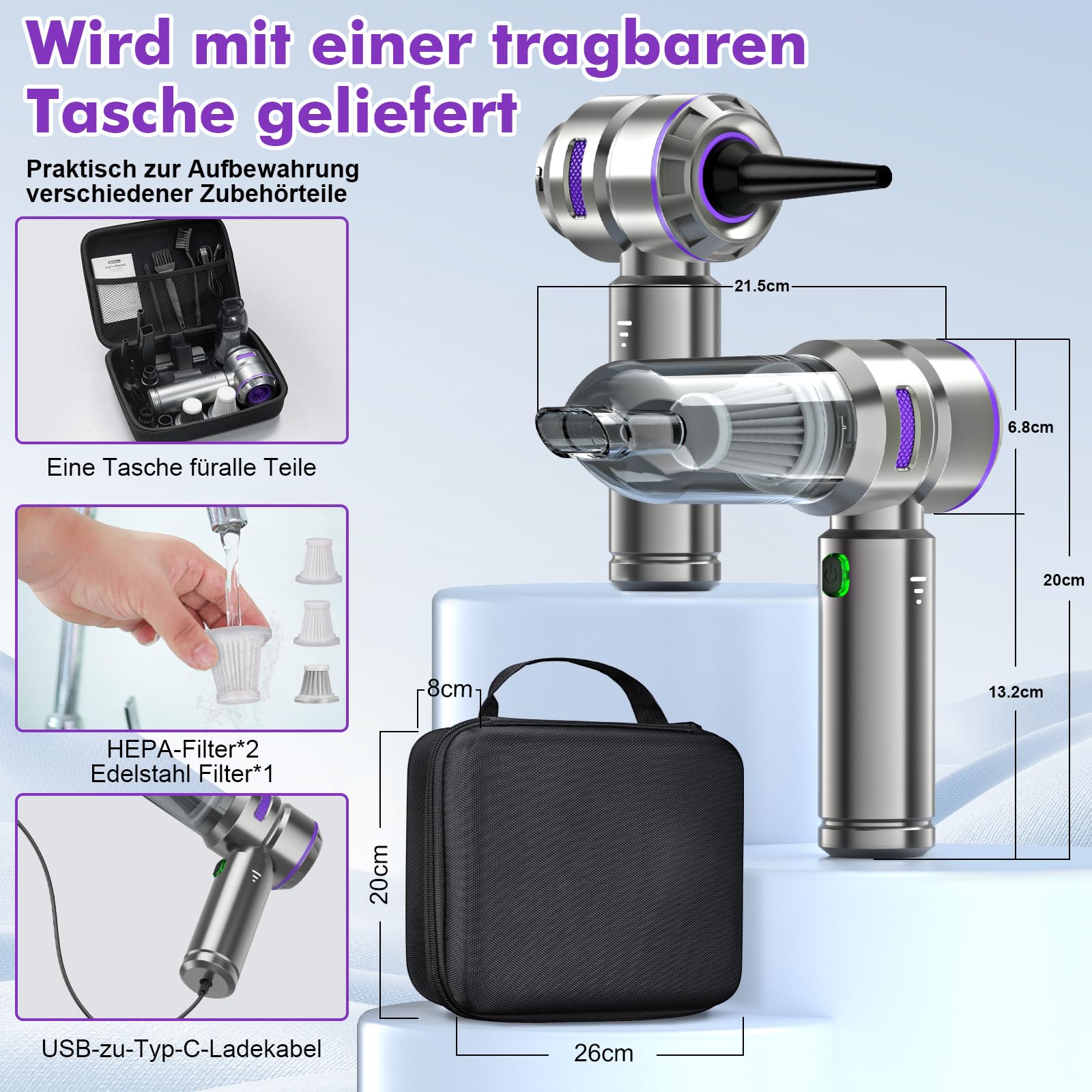 4-in-1 Handstaubsauger Akku,Auto Staubsauger Stark,28000PA Handstaubsauger Kabellos,3-Gang 240000 U/min Elektrische Staubgebläse Druckluftspray für Auto,Küche,PC,Sofa,Büro,Haus& Tierhaar Reinigung.