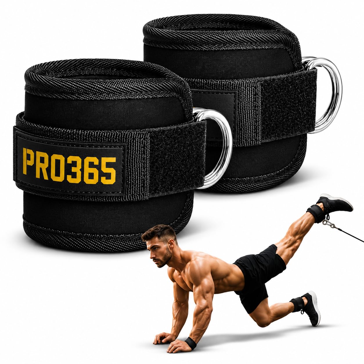 PRO365 Ankle Straps for Cable Machine Gym | Adjustable Padded Ankle Cuff for Kickbacks, Glute Workout, Leg Extension & Curl | Heavy Duty D-Ring Fitness Attachment (Pair)-image-2
