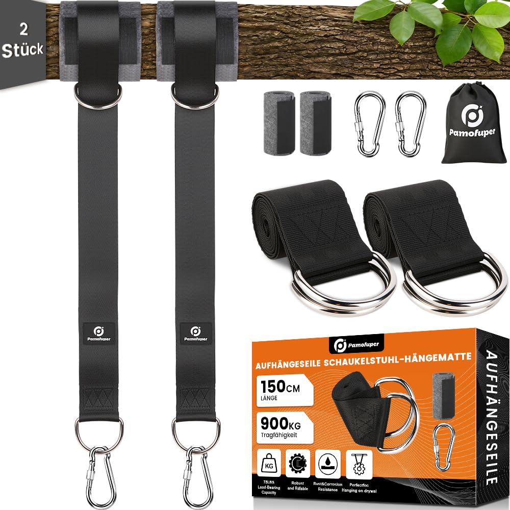 900 kg Schaukelbefestigung-Aufhängungsset, inklusive D-Ringen und Karabinerhaken aus Edelstahl, geeignet für Hängematten, Schaukeln, Hängesessel und Turnringe (Black 150cm)