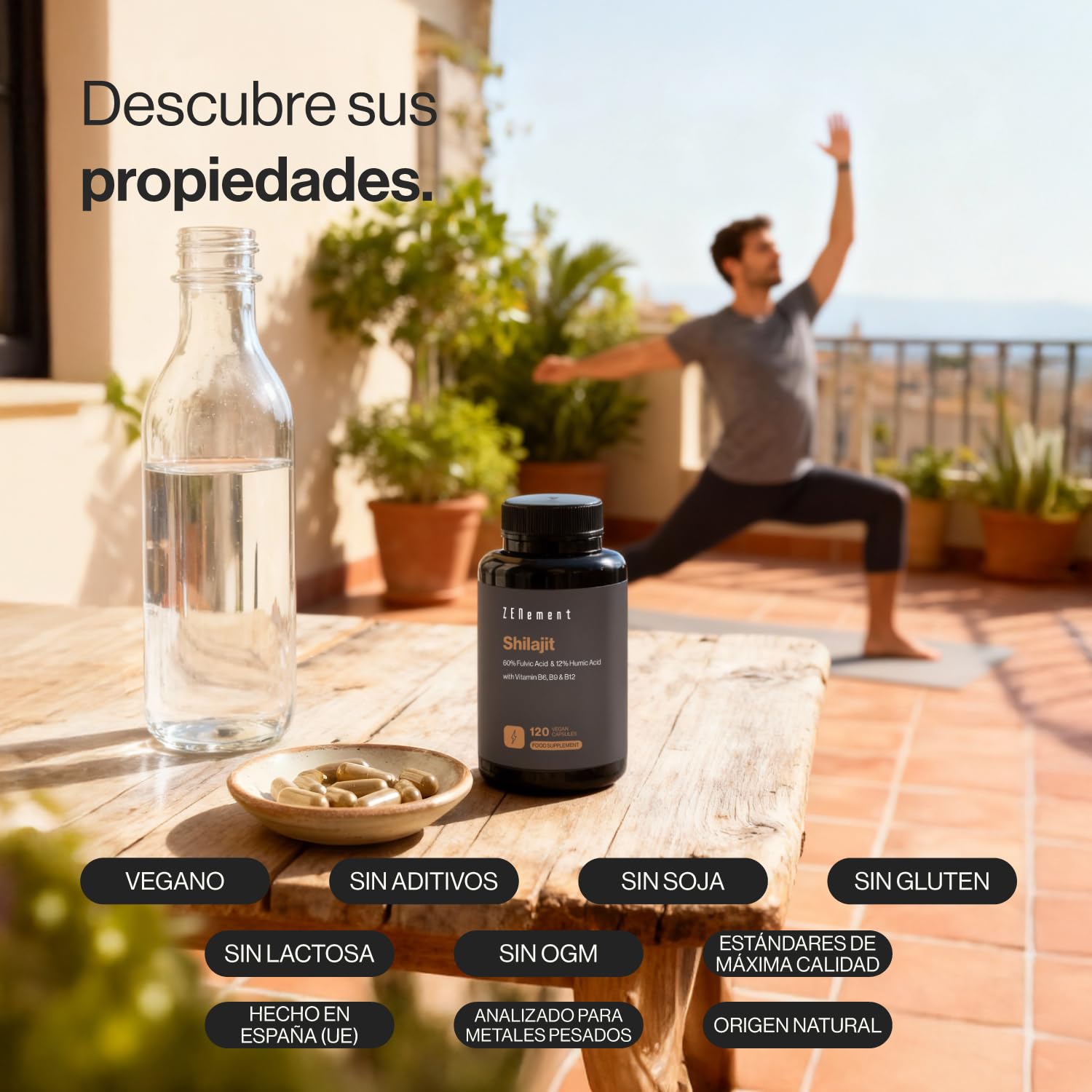 Shilajit Puro del Himalaya 1300 mg (Equiv. 45000 mg Polvo) por Dosis Diaria - 60 % Ácido Fúlvico, 12 % Húmico - con Vitaminas B6, B9 y B12-2 Meses de Suministro, 120 Cápsulas Veganas - Zenement