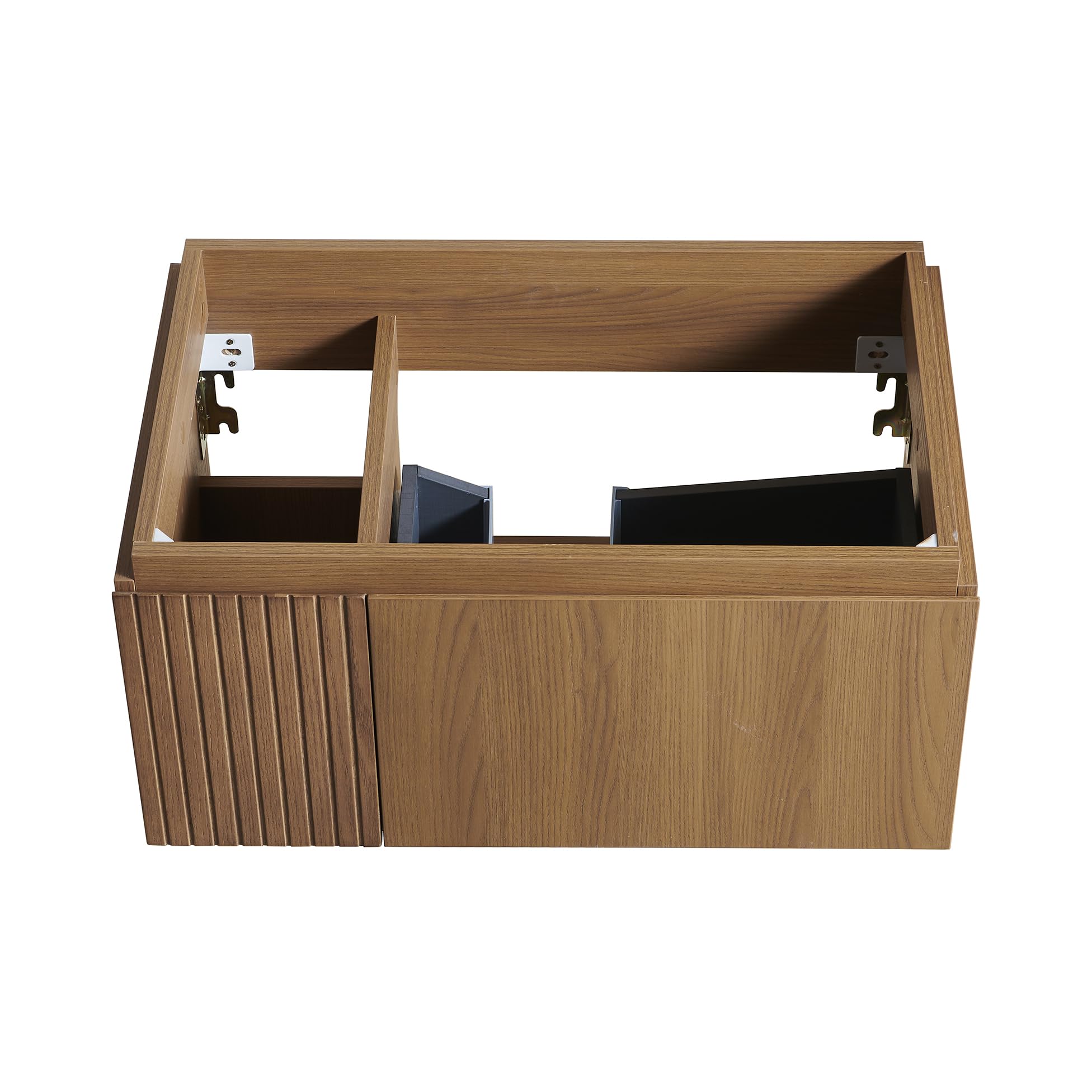 Condition photo showing New/Like New for 30 inch brown oak bathroom vanity cabinet with door and drawer