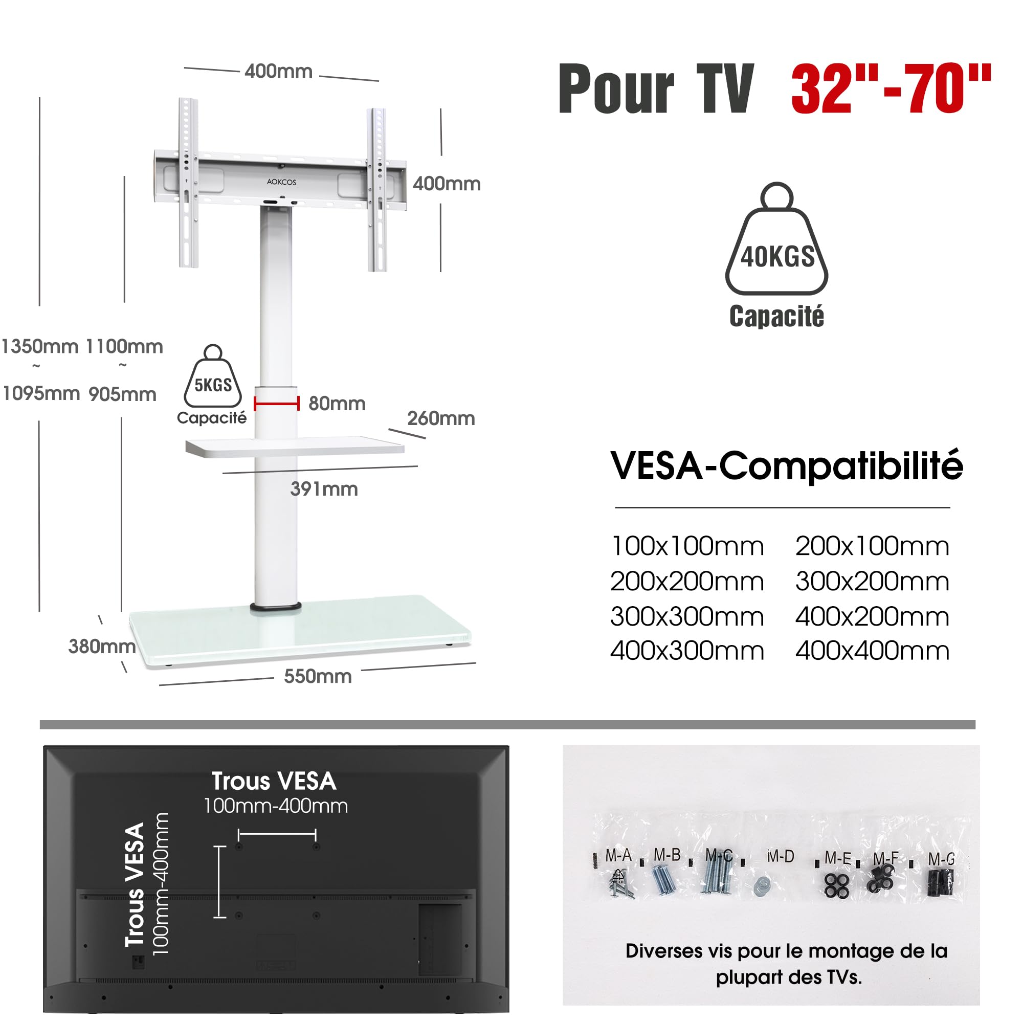 AOKCOS Support TV sur Pied pour TV de 32-70 Pouces,Pied TV avec Étagère Réglable en Hauteur Pivotant 60° et Inclinable 12°,Max. VESA 400x400 mm Max. Capacité 40 KG