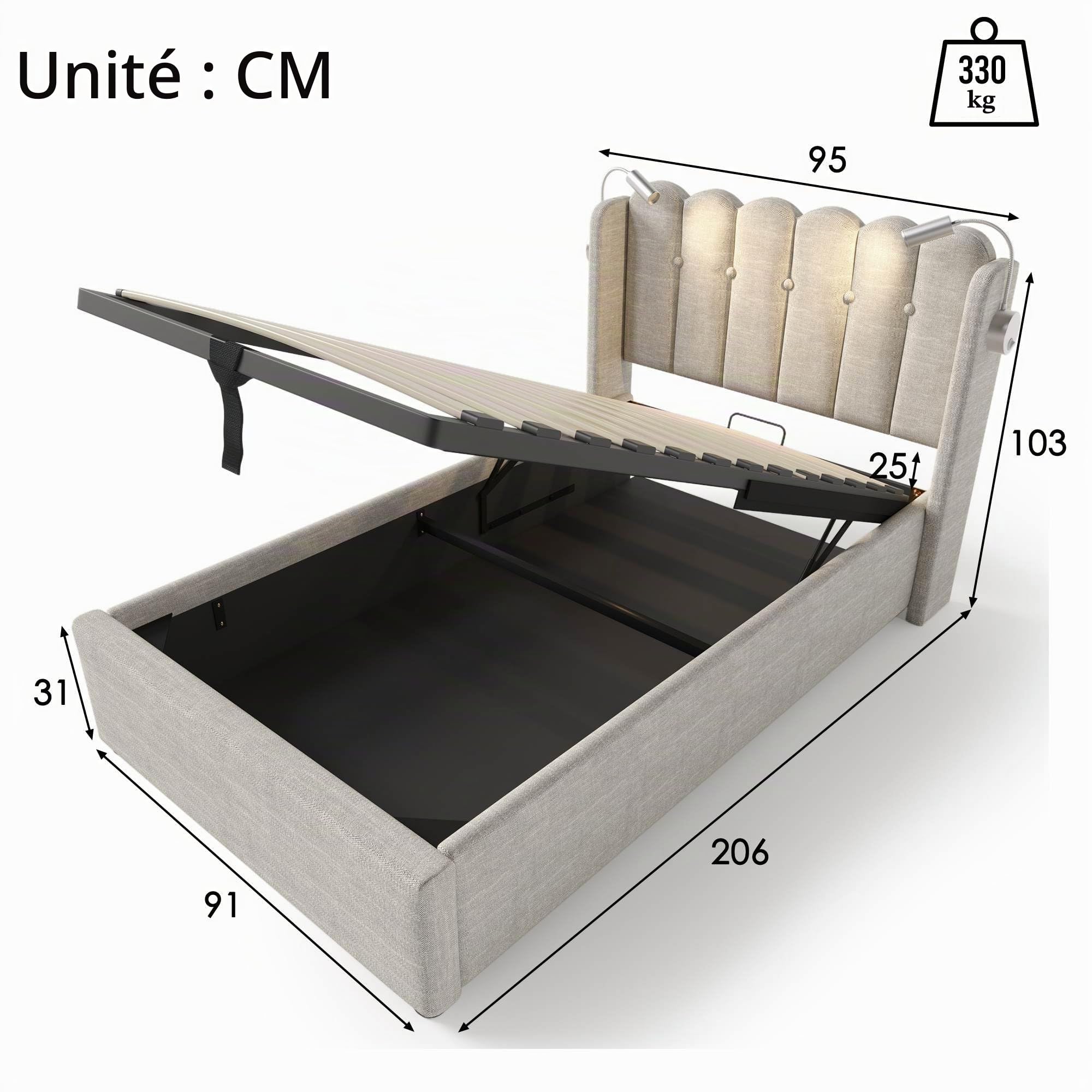 PUGSDRLY Lit Capitonné,Lit D'adolescent en Lin 90 * 200cm,Rembourré Tête de Lit avec Lumière de Lecture et Fonction de Chargemen,Cadre de Lit Moderne avec Espace de Rangement,Naturel (sans Matelas)