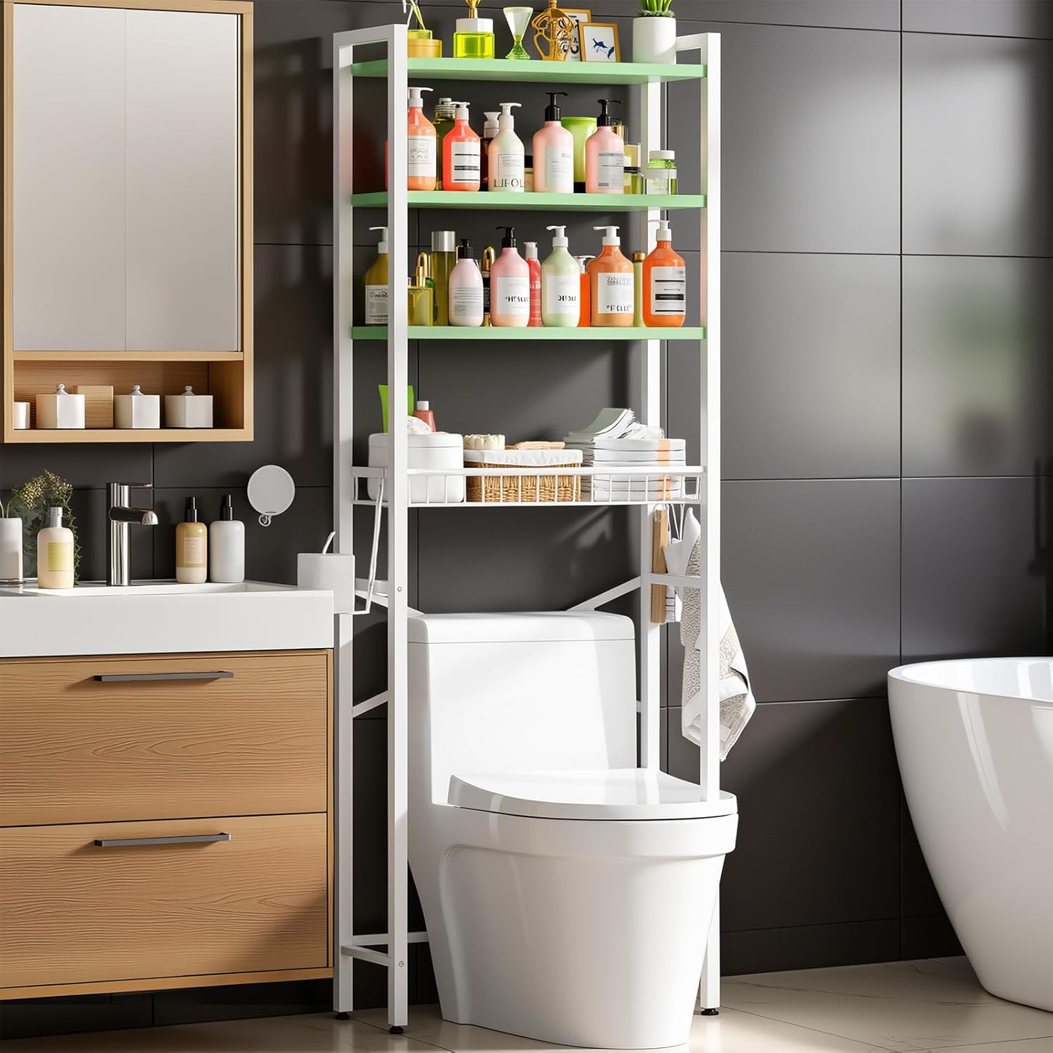 Over-The-Toilet Storage Rack, 4-Tier Bathroom Organizer Shelf Over Toilet with Adjustable Shelf and Basket, Freestanding Space Saver Bathroom Shelves Above Toilet for Room (Avocado Green)