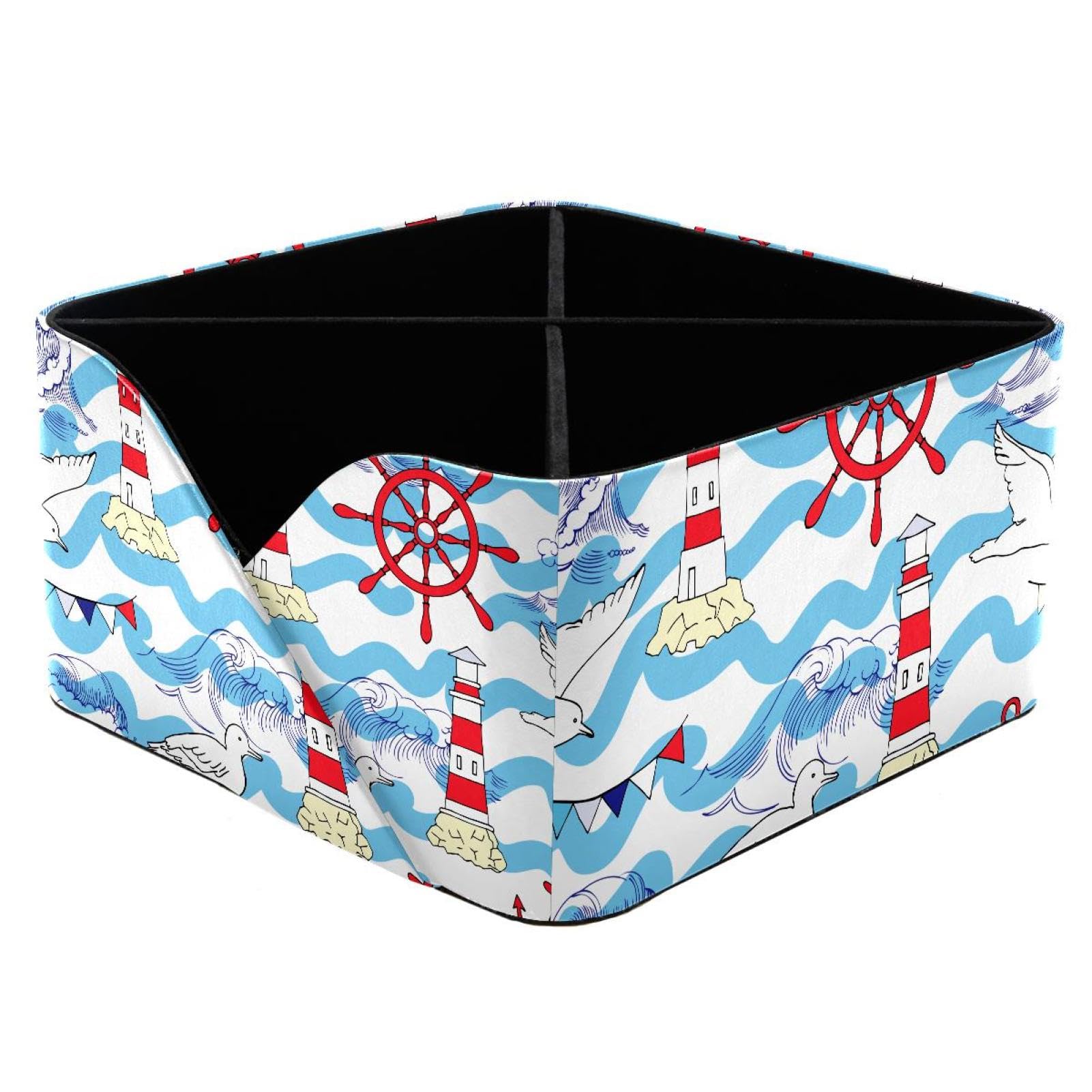 KengjuTesu Seagull Lighthouse Wheel Wave Sea Ocean Pattern Desktop Organizer Pen Holder, Rectangular Pencil Cup for Office, Study and Makeup Stations