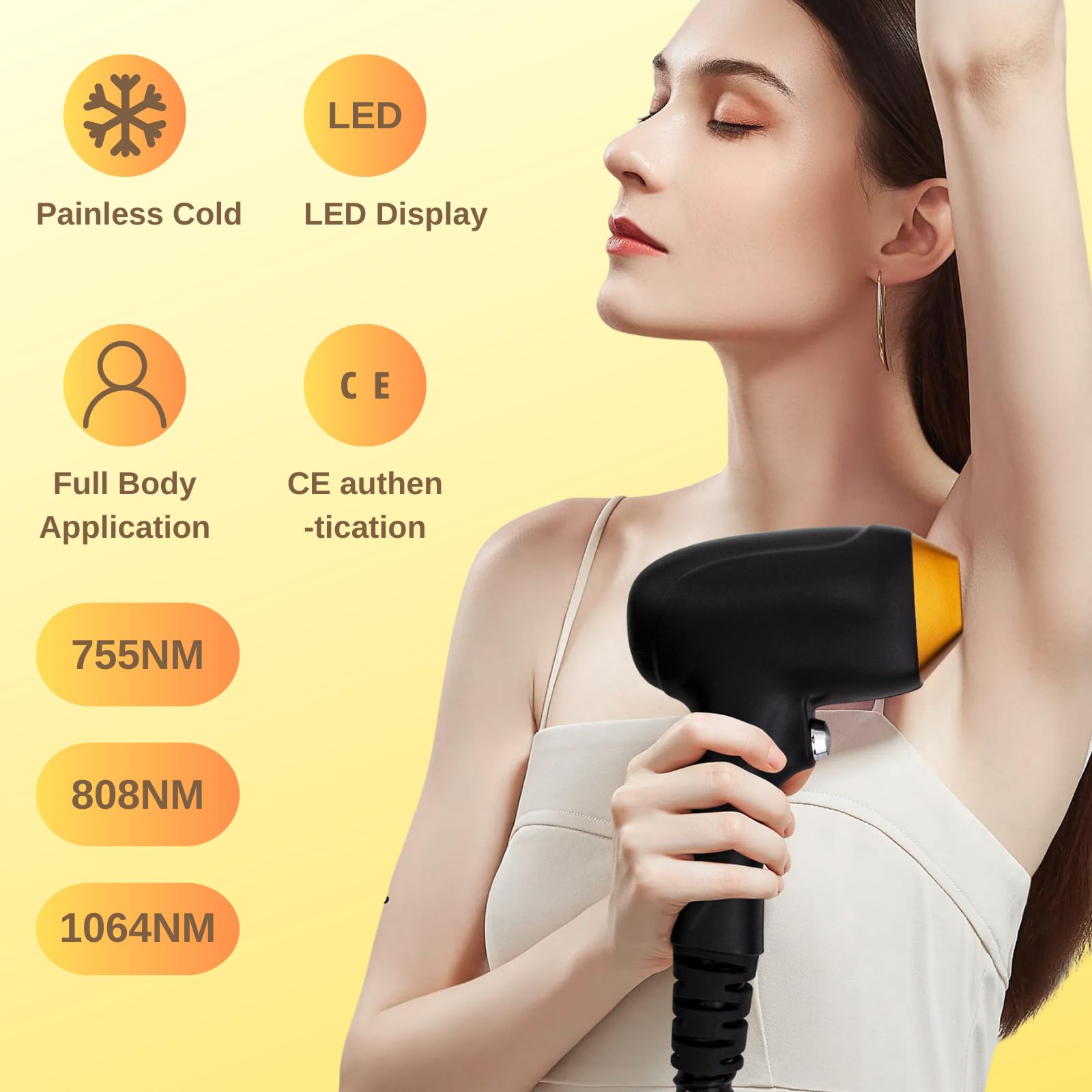 Macchinario per la Rimozione Permanente dei Peli, Laser Diodo 755nm, 808nm, 1064nm, Refrigerazione TEC, Spot 23 x 40 mm, Potenza 3000W, Sistema Operativo Intelligente