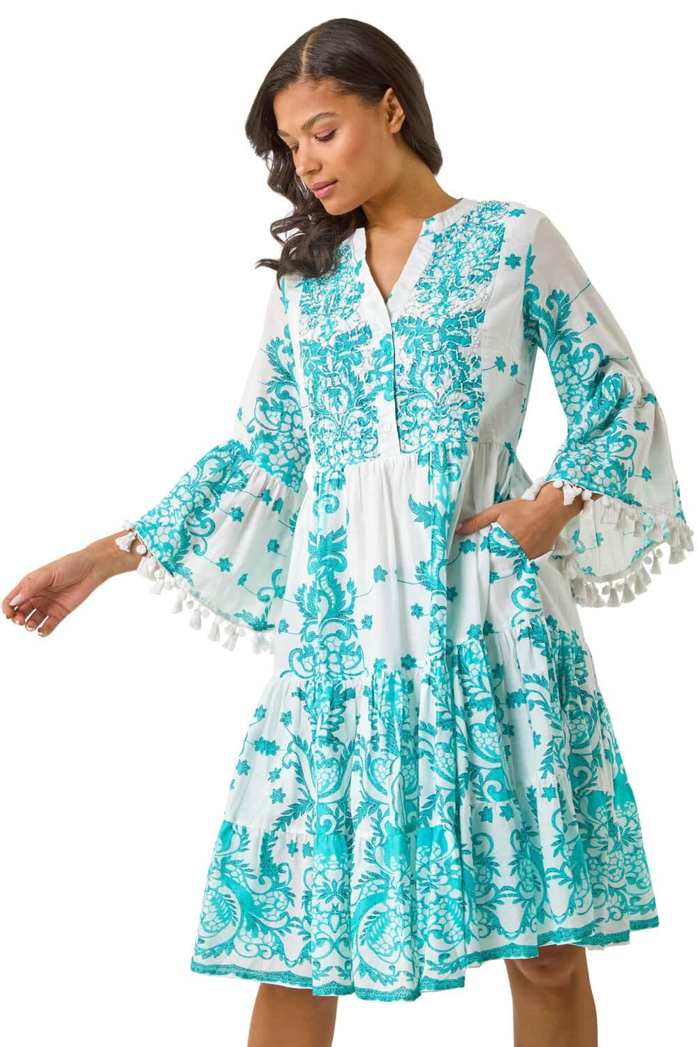 Roman Women's Blue Embroidery Bead Detail Smock Dress In | : Size 14