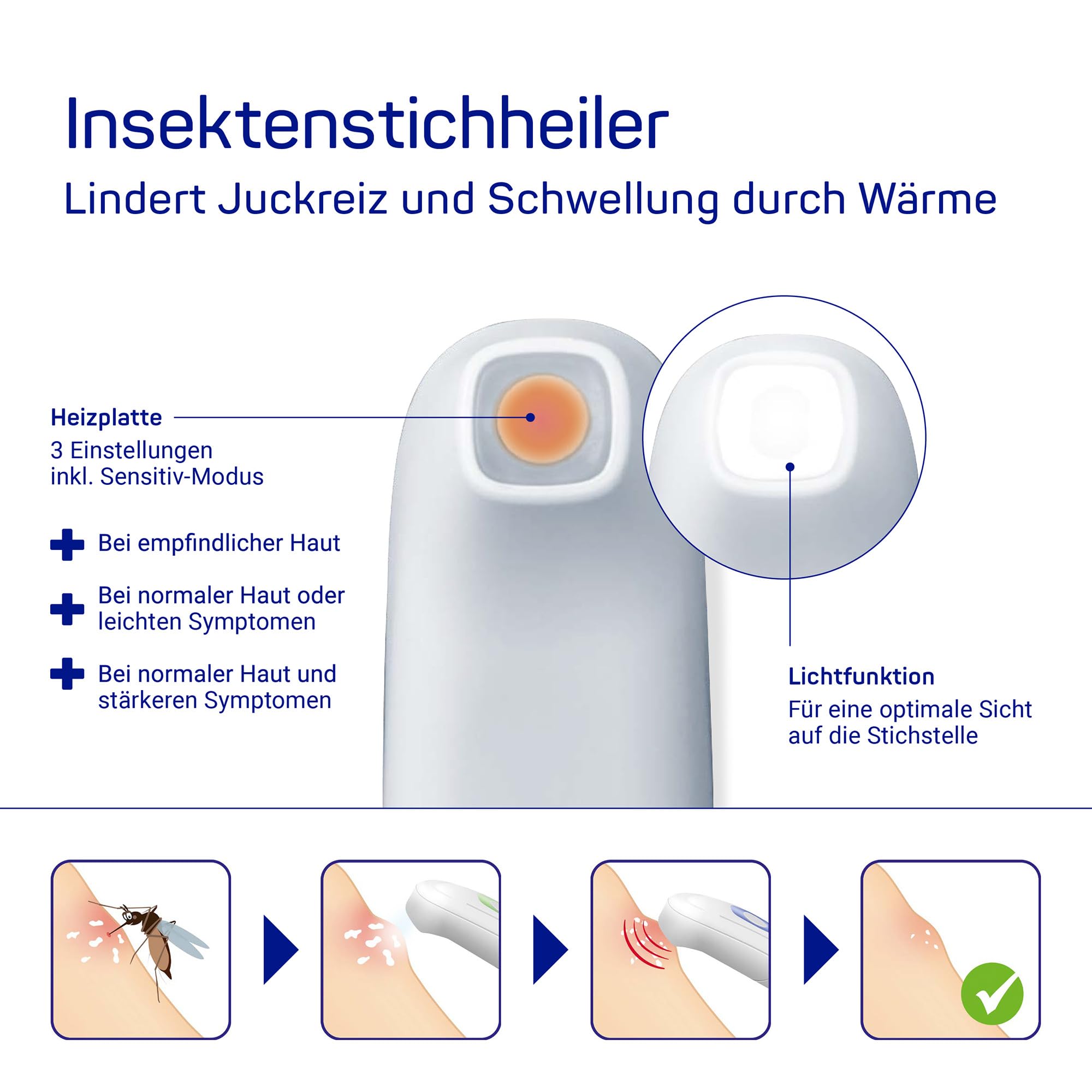 HARTMANN Insektenstichheiler – Lindert Juckreiz & Schwellungen nach Stichen | chemiefrei, 3 Intensitätsstufen, Sensitiv-Modus, mit Lichtfunktion, kompakt & ideal für Outdoor, Reisen & Camping