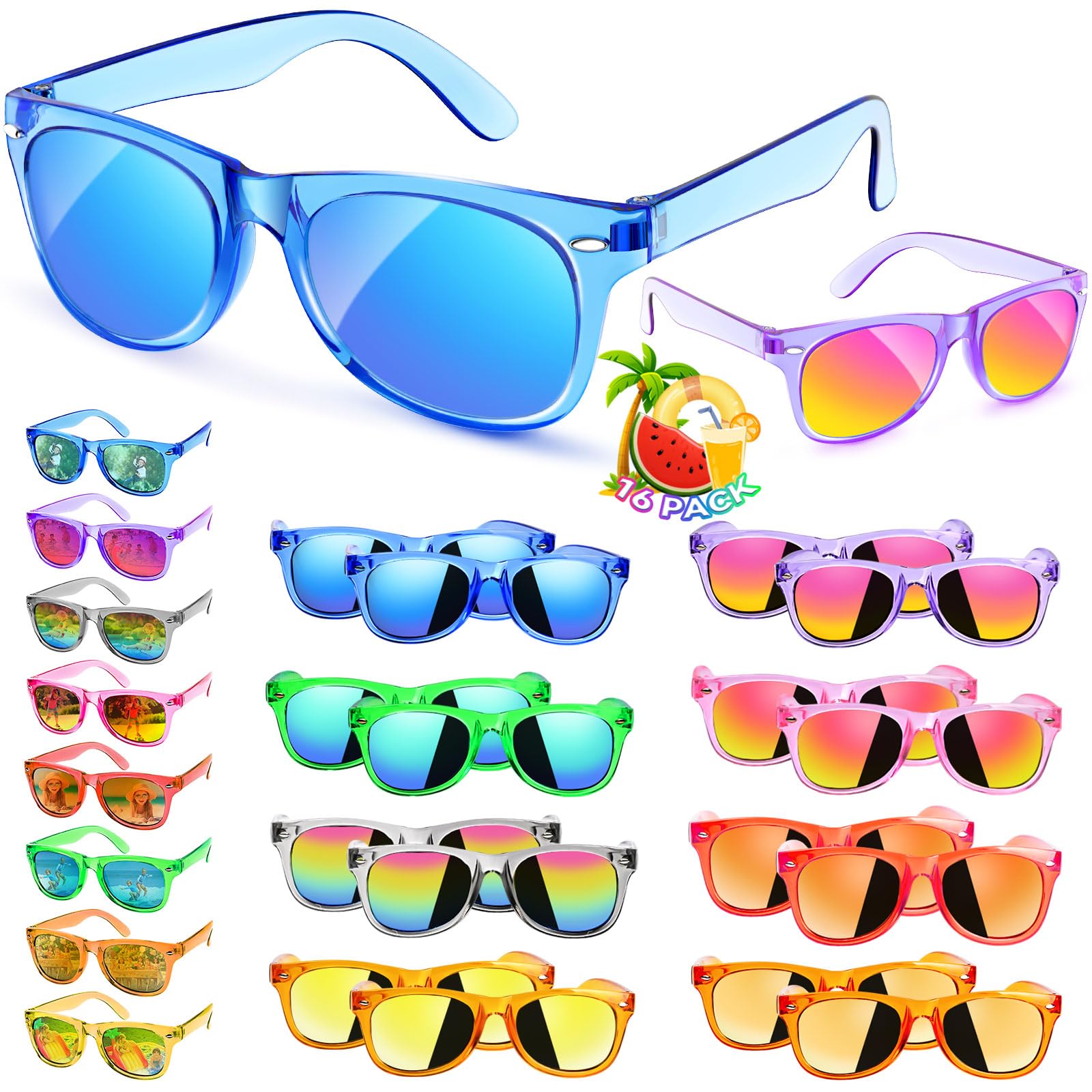 Rugort Kids Sunglasses Bulk Party Favors - 16 Packs Boys Girls Sunglass for Kid Age 3-8, Neon Glasses with UV 400 Protection, Goodie Bags Stuffers for Birthday Classroom Graduation Valentines Gifts