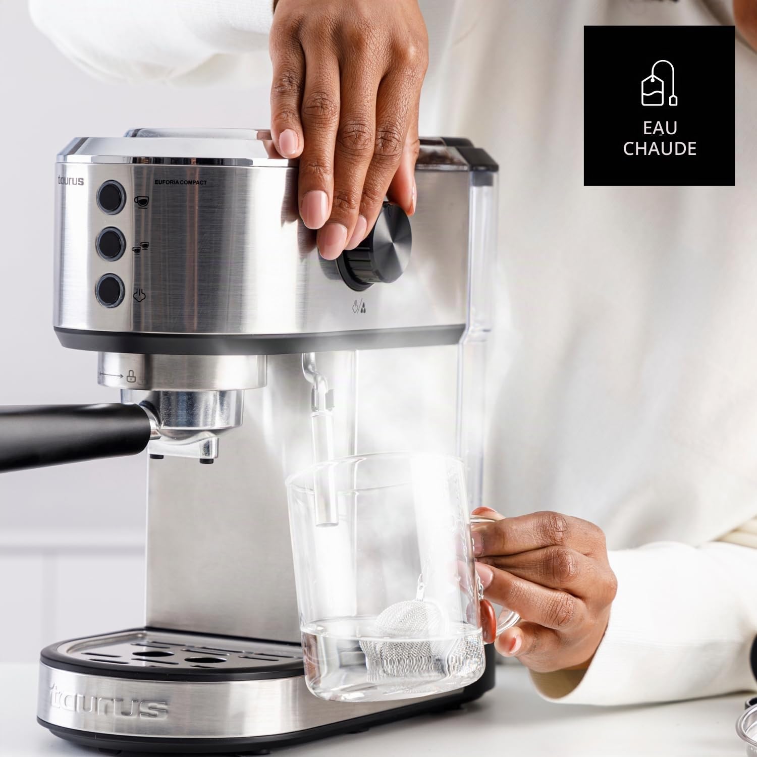 TAURUS - Machine à Espresso Euforia Compact 1350W | 20 Bars de Pression | Système Thermoblock | Filtre Supreme Cream | Buse Vapeur Orientable | Double Café Simultané | Cuillère Doseuse