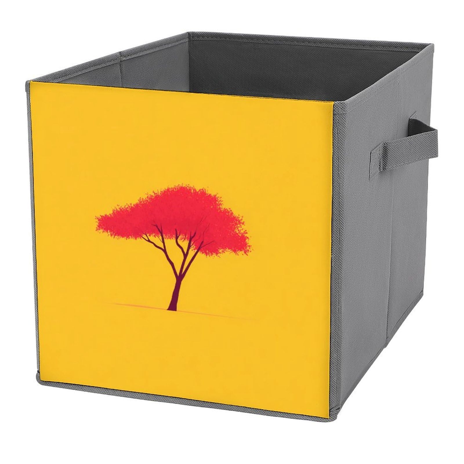Jubonexis Minimal Red Tree on Yellow Cube Storage Bins Storage Cubes Foldable Decorative Fabric Storage Baskets Home Organizers with Handles for Shelves,Closet, 27x27 CM