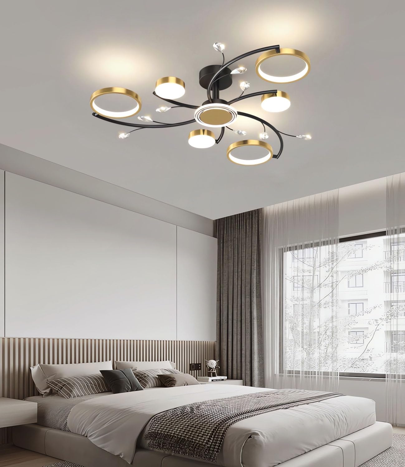 TUJJTU Modern Minimalism Ceiling Lighting Flower Shaped Dimmable LED Flush Mount Ceiling Light Gold Acrylic Ceiling Lamp with Remote Control Stepless Dimmable 3000k-6000k Light Fixture (6 Heads)