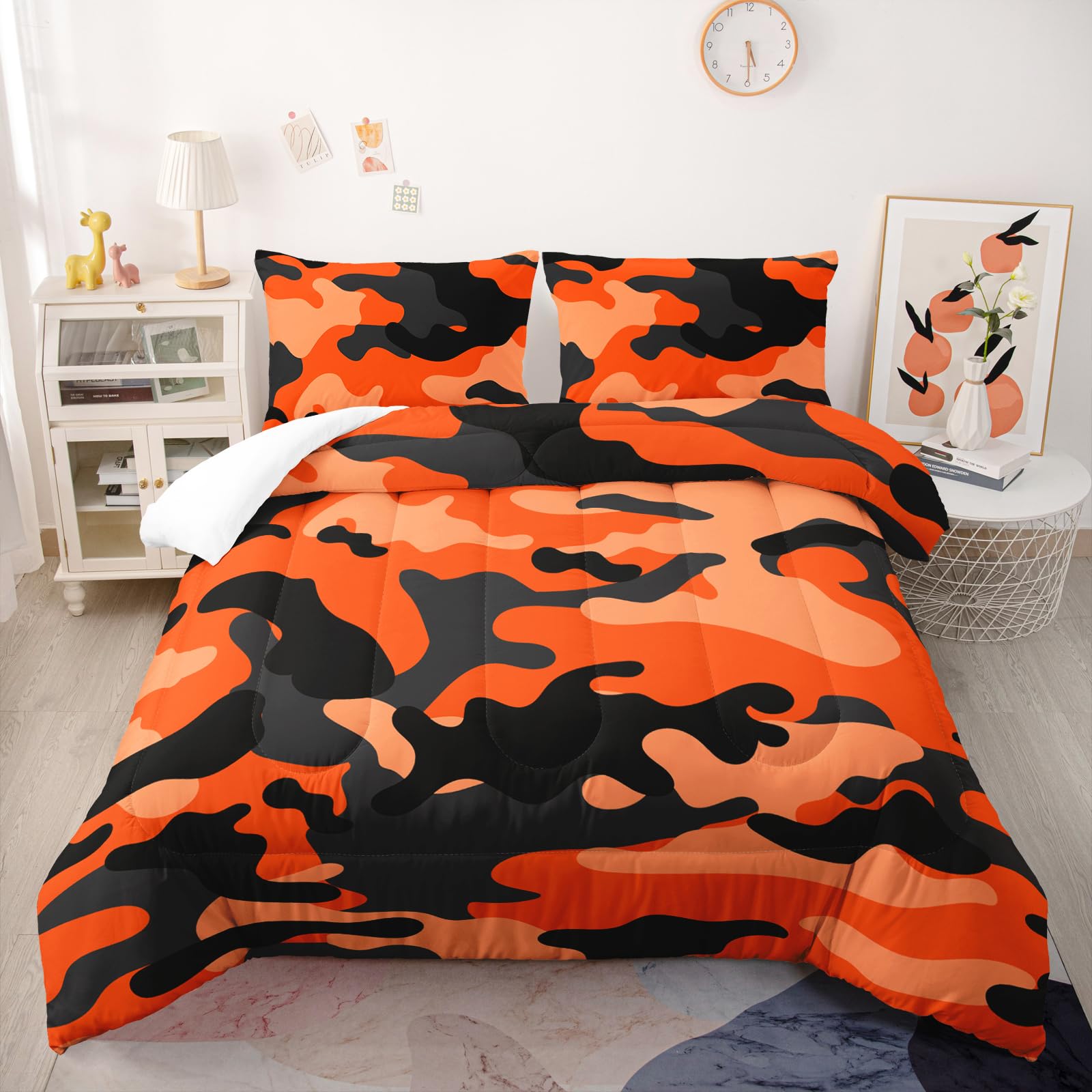 Regal Comfort 7-Piece Queen Orange Camo Bedding Set – Microfiber Comforter & Sheets, Reversible Lodge Style