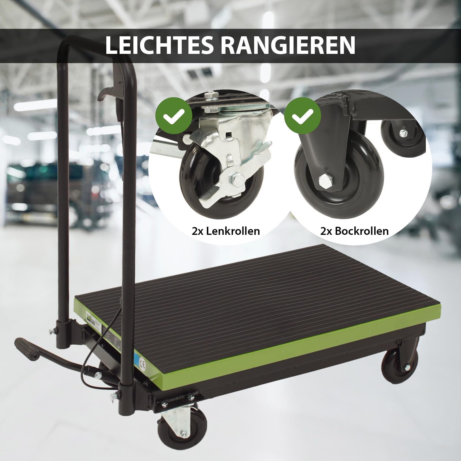 TRUTZHOLM Scherenhubwagen hydraulisch 225 kg Tragkraft Hubbereich 230-725 mm rutschfeste gummierte Plattform 70,5x45 cm mobiler Hubtisch mit Feststellbremsen Hubtischwagen fahrbarer Hubwagen