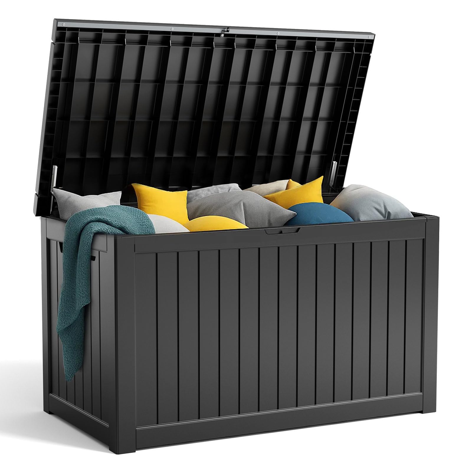 180 Gallon Resin Deck Box, Lockable Patio Outdoor Storage Box for Furniture, Garden Tools and Tools Storage, Waterproof Outside Storage Boxes - Black