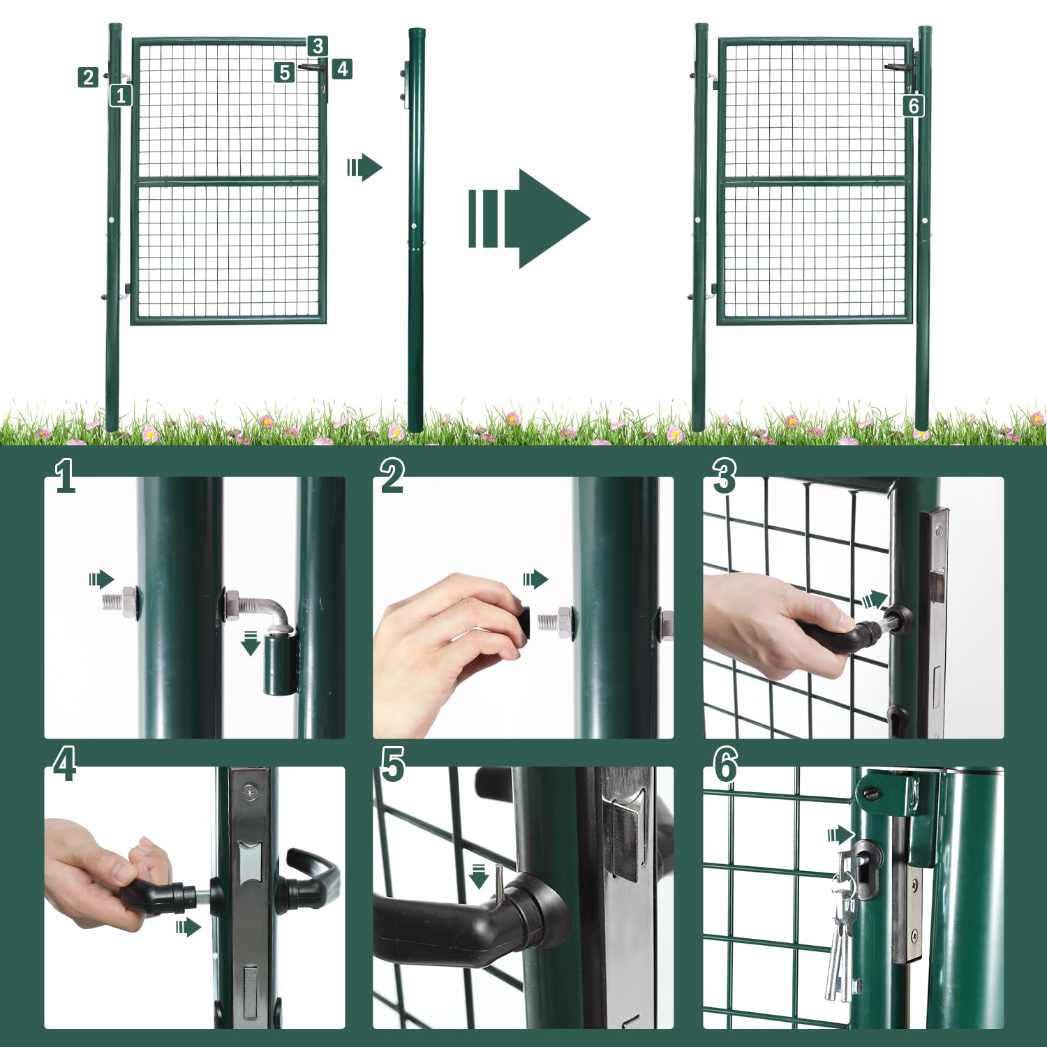 Puerta de jardín de 150 x 100 cm, de acero galvanizado, para cobertizos, vallas, patio, incluye mango de acero inoxidable y 3 llaves, color verde