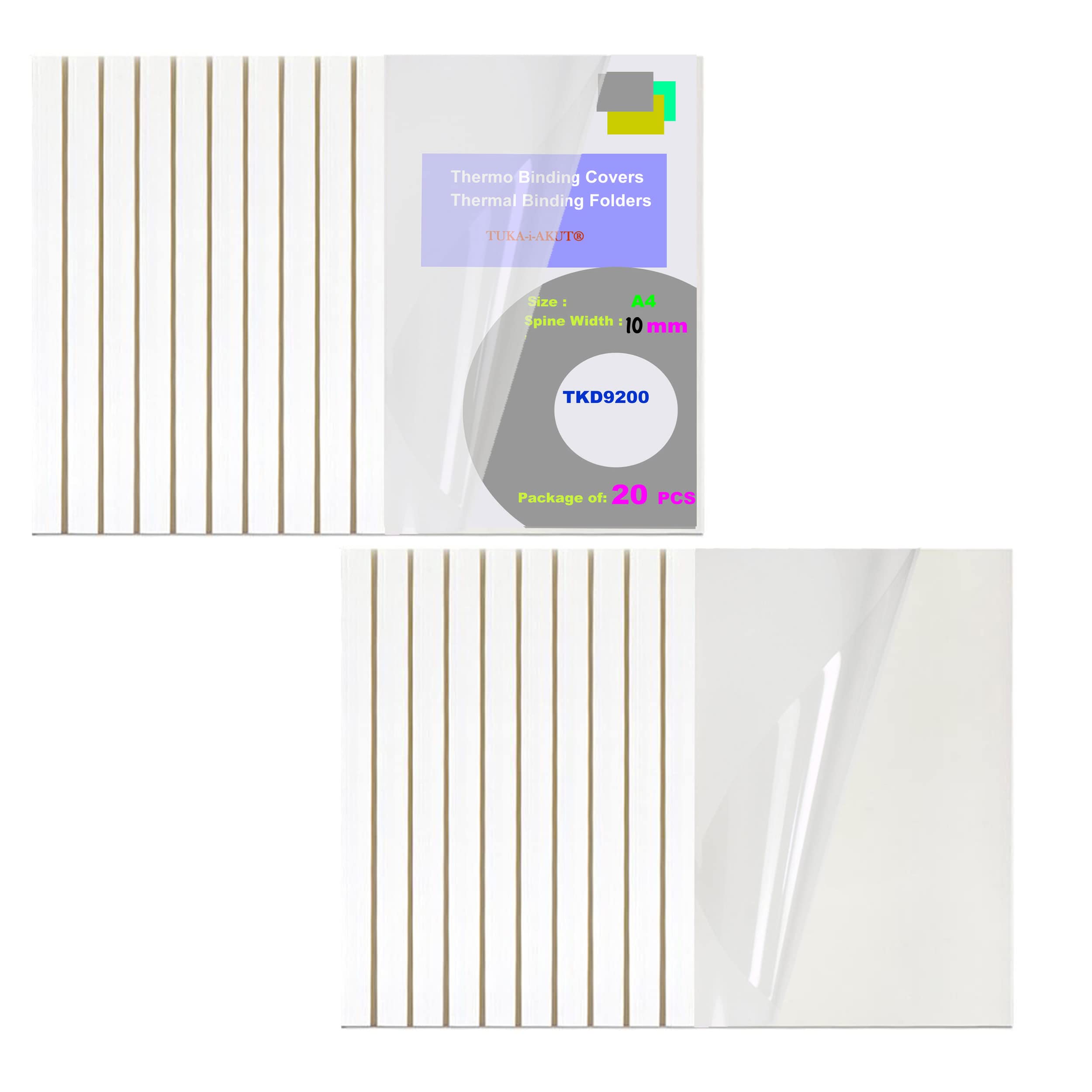TUKA-i-AKUT 20x 10mm Copertine per Rilegatura Termica, A4 Cartelline Termiche, Larghezza Dorso 10 mm - Capacità 90 Fogli, Fronte trasparente, 20 pz, Bianco Colore, TKD9200-A4-white-20x
