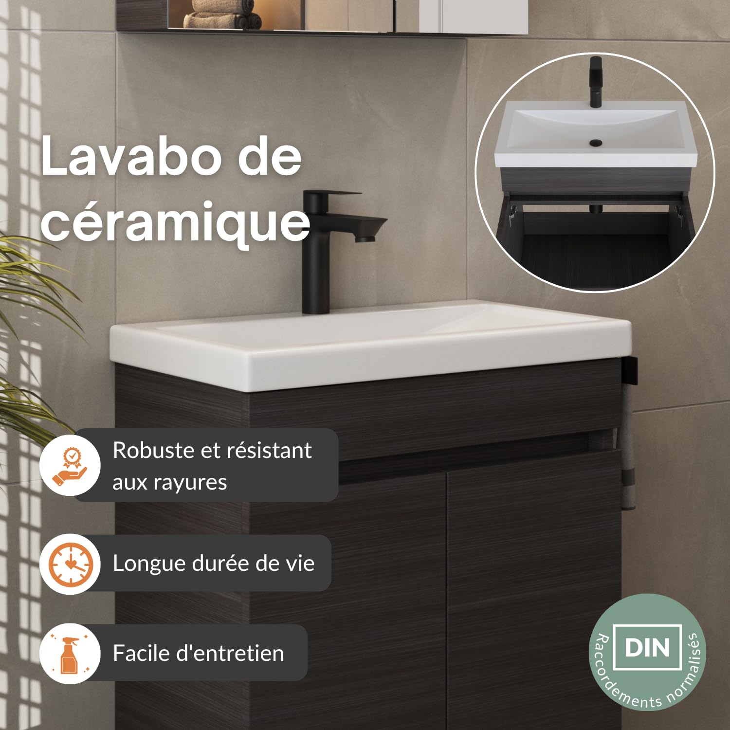 Planetmöbel Meuble sous Vasque avec lavabo en céramique 63x60x36,5 cm, Ensemble de Meubles de Salle de Bain Moderne, Anthracite