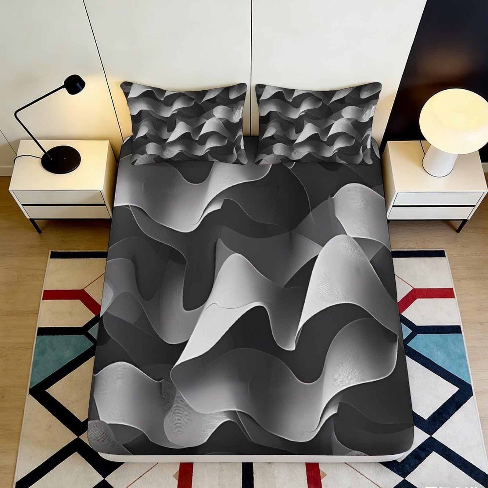 3D Printed Abstract Wave Fitted Sheet Microfiber Grey Black Mattress Cover Bedroom Decor Easy Care 90x200x25cm