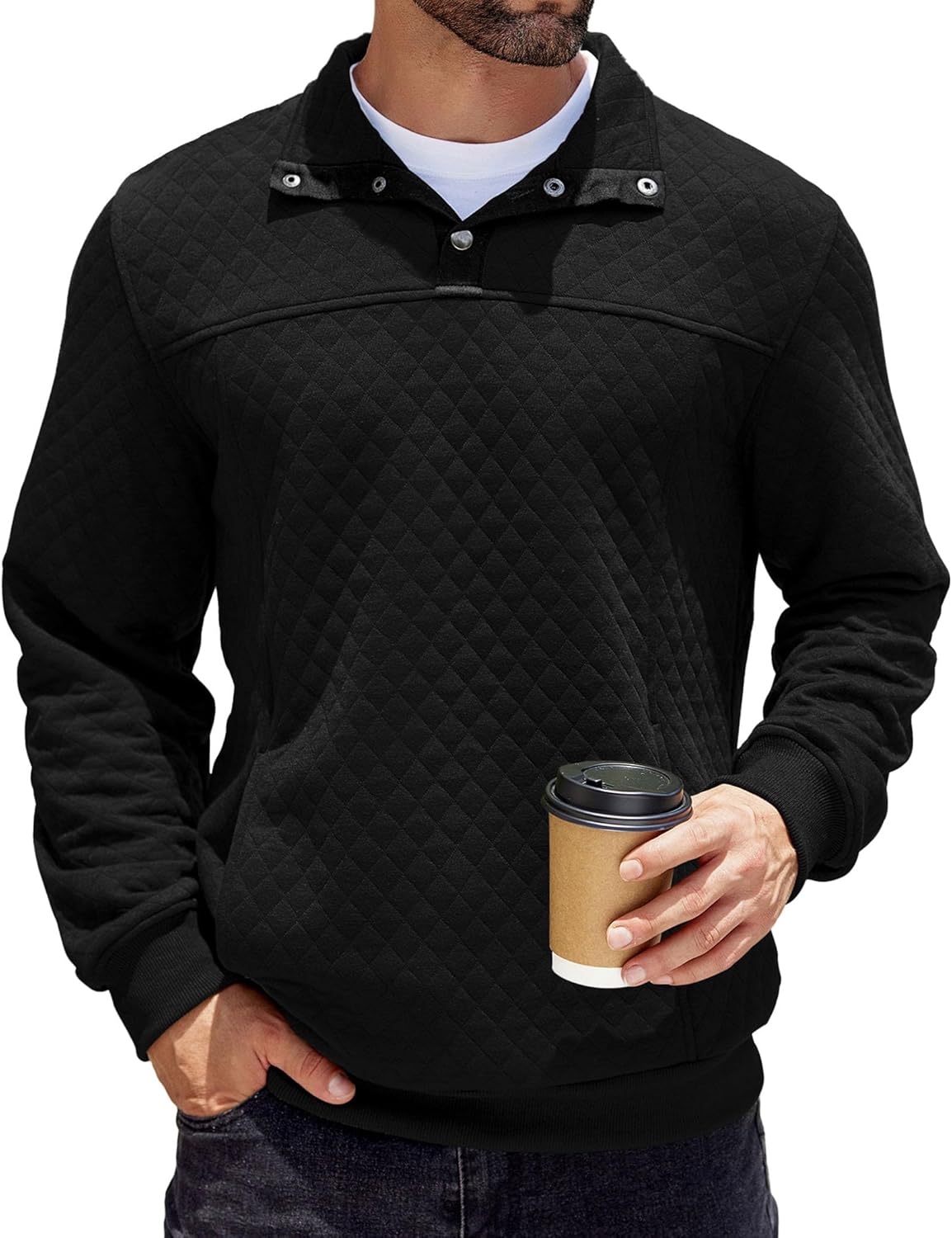 COOFANDY Mens Quarter Sweatshirt Quilted Long Sleeve Mock Neck Active Sweater Waffle Pullover Polo Shirts With Pockets