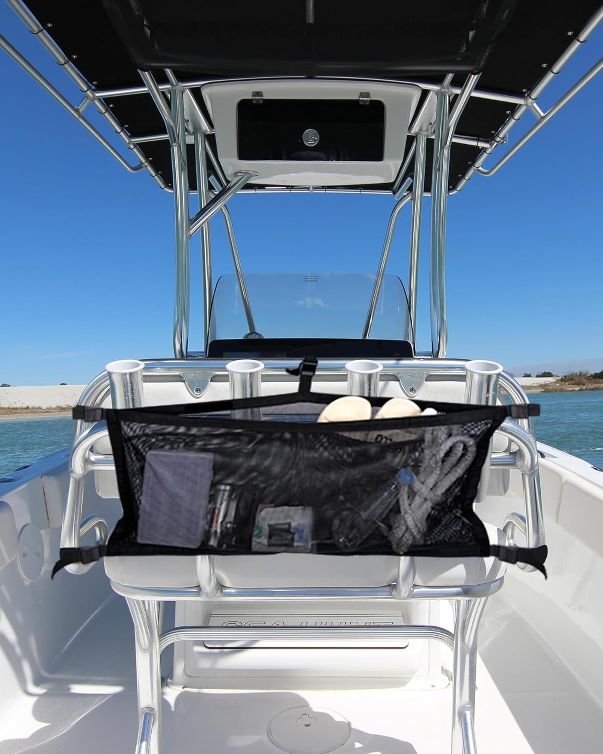 PLOZANO Boat Storage Bag with 3 Divisions, Adjustable Organizer, Mesh Tackle & Life Jacket Holder, Suspended Net for Leaning Post (24 INCH)