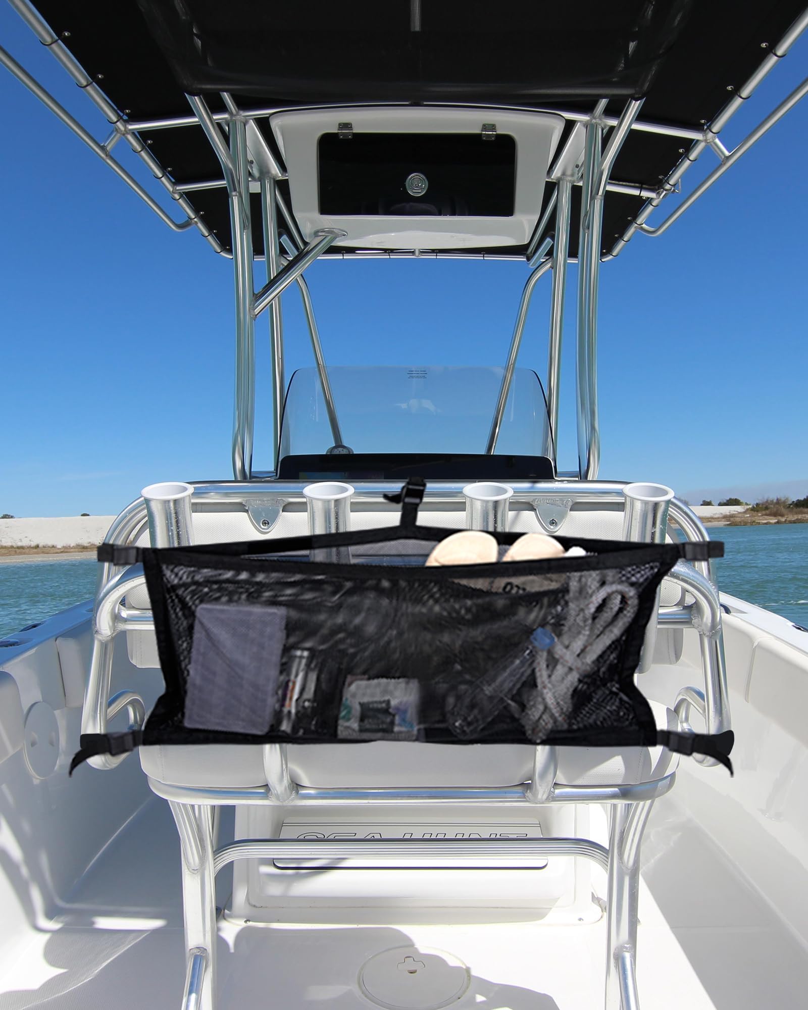 Boat Storage Bag with 3 Divisions, Adjustable Organizer, Mesh Tackle & Life Jacket Holder, Suspended Net for Leaning Post (32 INCH)