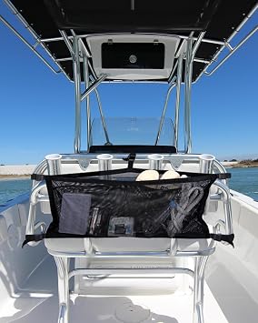 PLOZANO Boat Storage Bag with 3 Divisions, Adjustable Organizer, Mesh Tackle & Life Jacket Holder, Suspended Net for Leaning Post 24 INCH