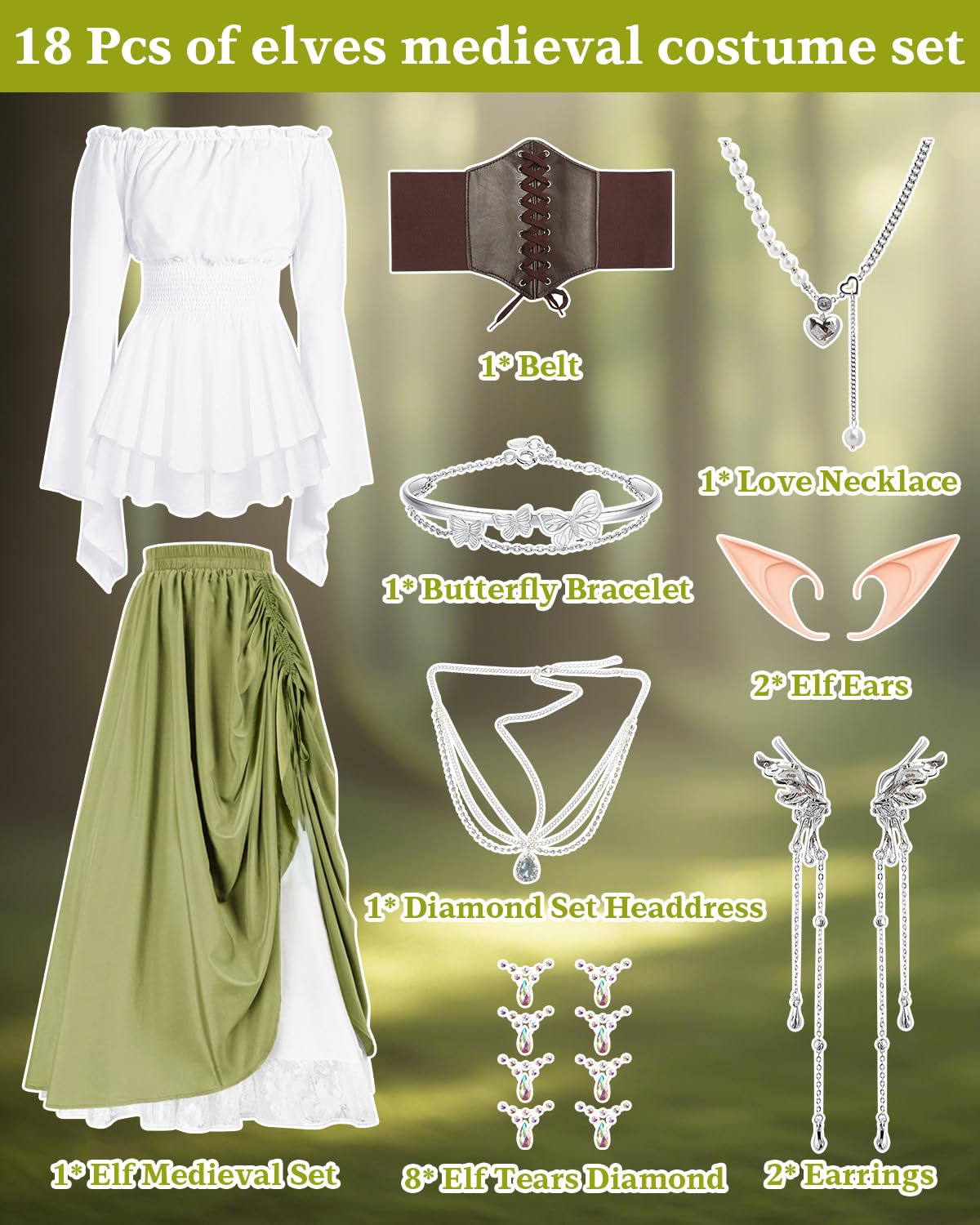 Vestido Medieval para Mujer, Vestido Renacentista con Collar de Orejas de Elfo, Cinturón, Ropa Gótico Vintage Carnaval Halloween Cosplay, Retro con Hombros Descubiertos Fiestas de Princesas