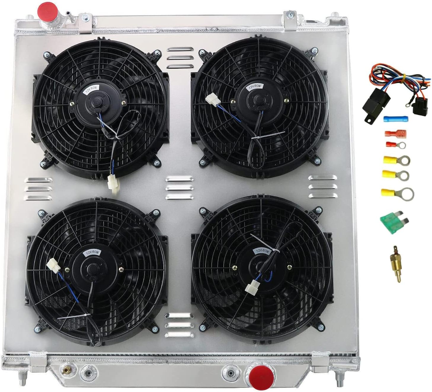 4 Row Aluminum Radiator Compatible with 2005 2006 2007 Ford F250 F350 F550 6.0 6.8 Powerstroke V8 V10 Radiators with Electric Fan Shroud Thermostat Kit 05 06 07