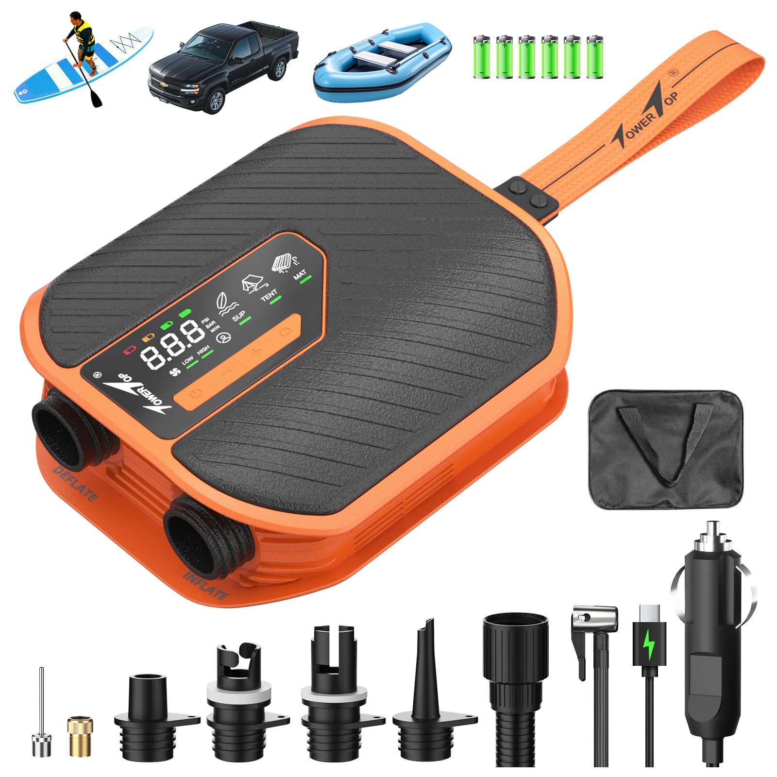 TowerTop Sup Pumpe Akku: 10500mAh Akku Pumpe für Auto/SUP, 50 PSI Stand Up Paddle Pumpe, 12V DC Zweistufenpumpe (Auf- und Ablassen) mit 8 Düsen für Paddleboards, aufblasbare Artikel, Kajaks und Autos