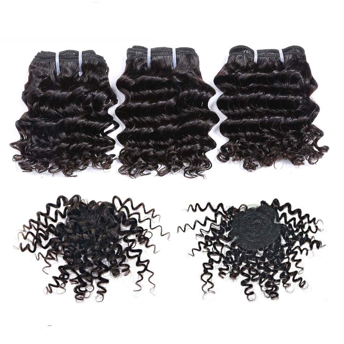 Aiokrtse Peruvian Virgin Hair Deep Wave Human Hair Weave Bundles 3 Pieces 6 Inch Weave with 1 Small Closure Natural Black Color 119 Grams