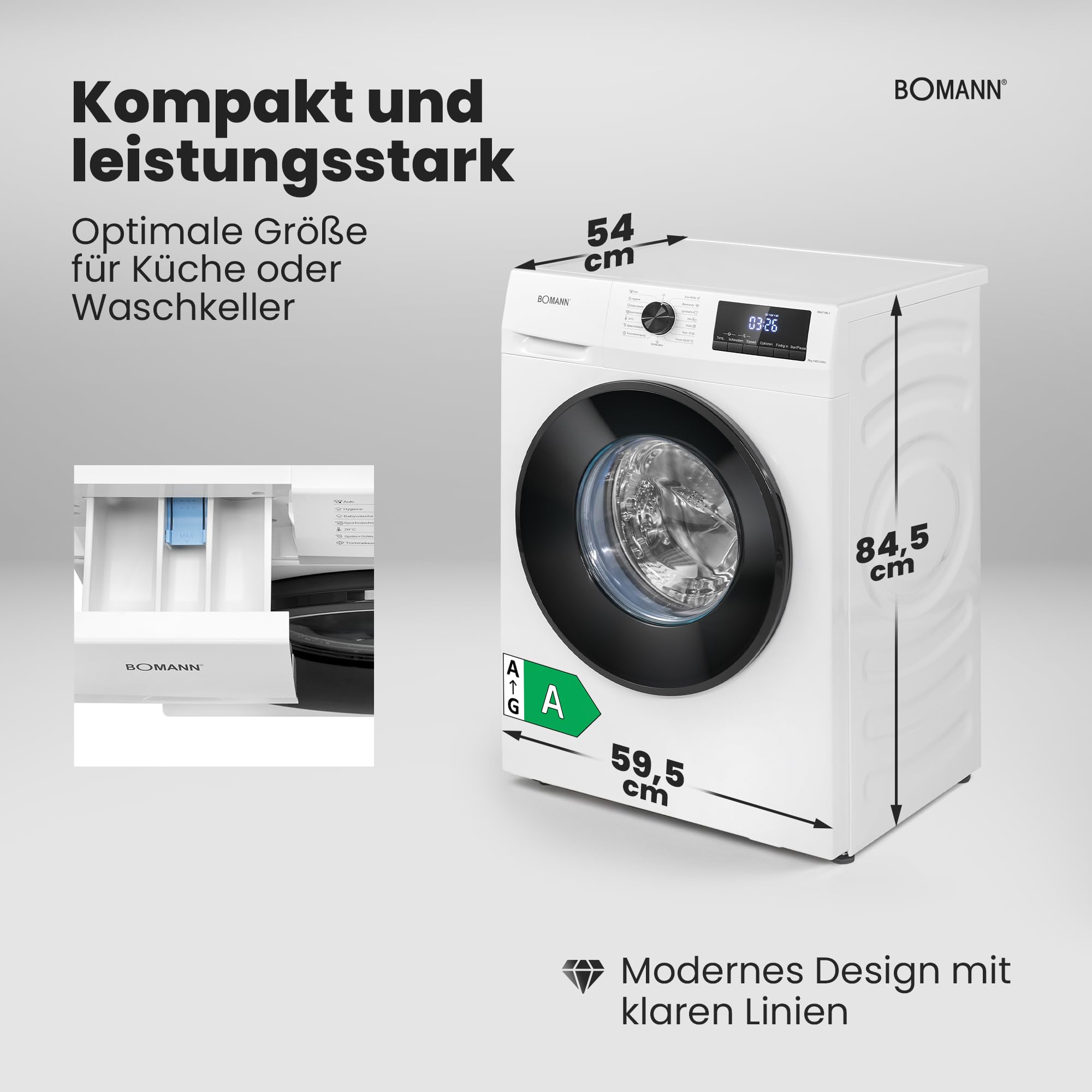 Bomann Waschmaschine 8kg 1400 U/min Invertermotor 15 Waschprogramme LED-Display Dampffunktion WA 7185.1