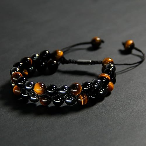 Miniatura 3 de Xrunhua Triple Protection Crystal Bracelet for Men Women Genuine Tigers Eye Obsidian Black Onyx Hematite Lava Rock Beaded Bracelets Bring Luck and