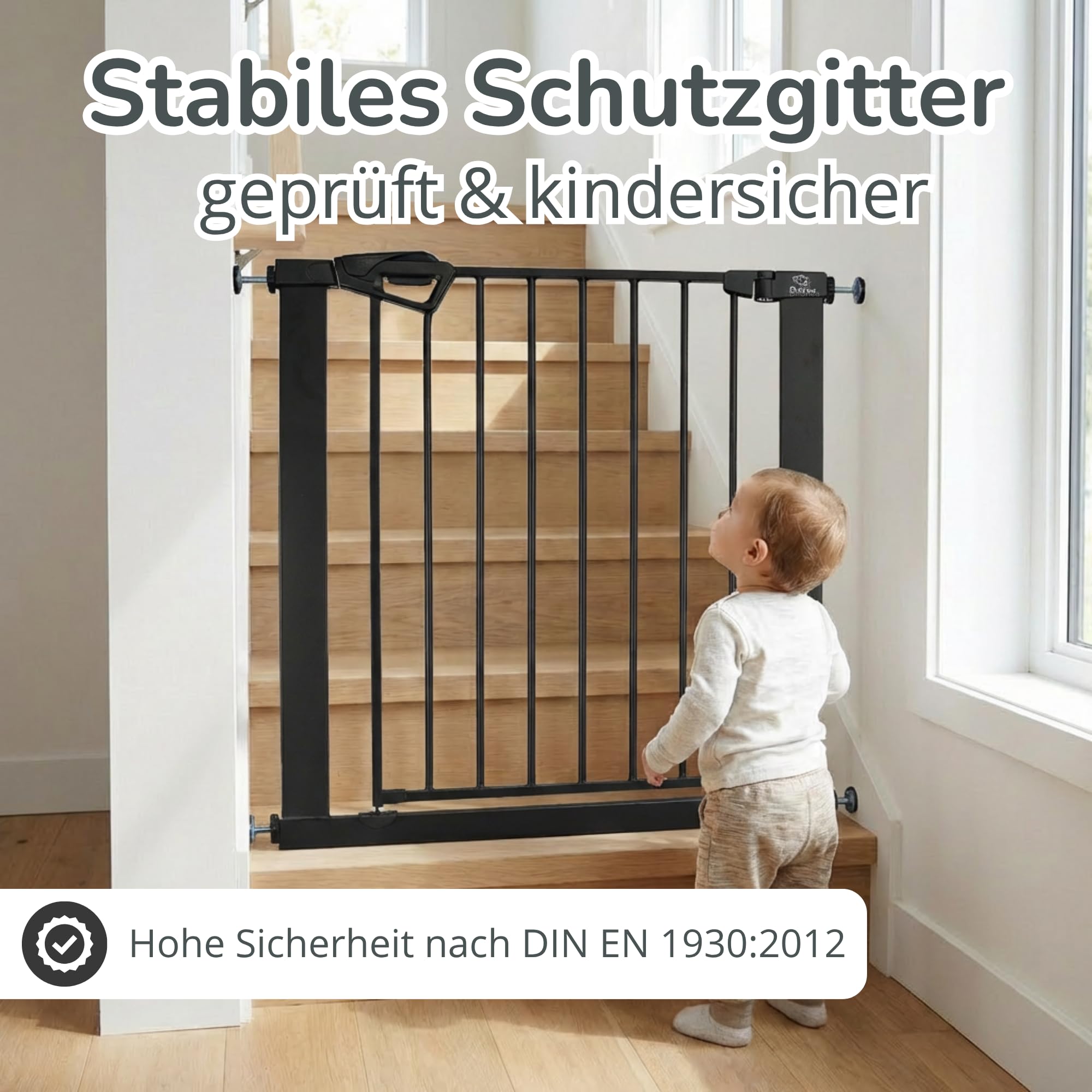 Babygitter Tür ohne Bohren – BALU Tür- & Treppenschutzgitter 152-159 cm, Auto-Close & Safety-Lock Rot/Grün, inkl. Anti-Stolper-Rampe, Türschutzgitter erweiterbar bis 166 cm