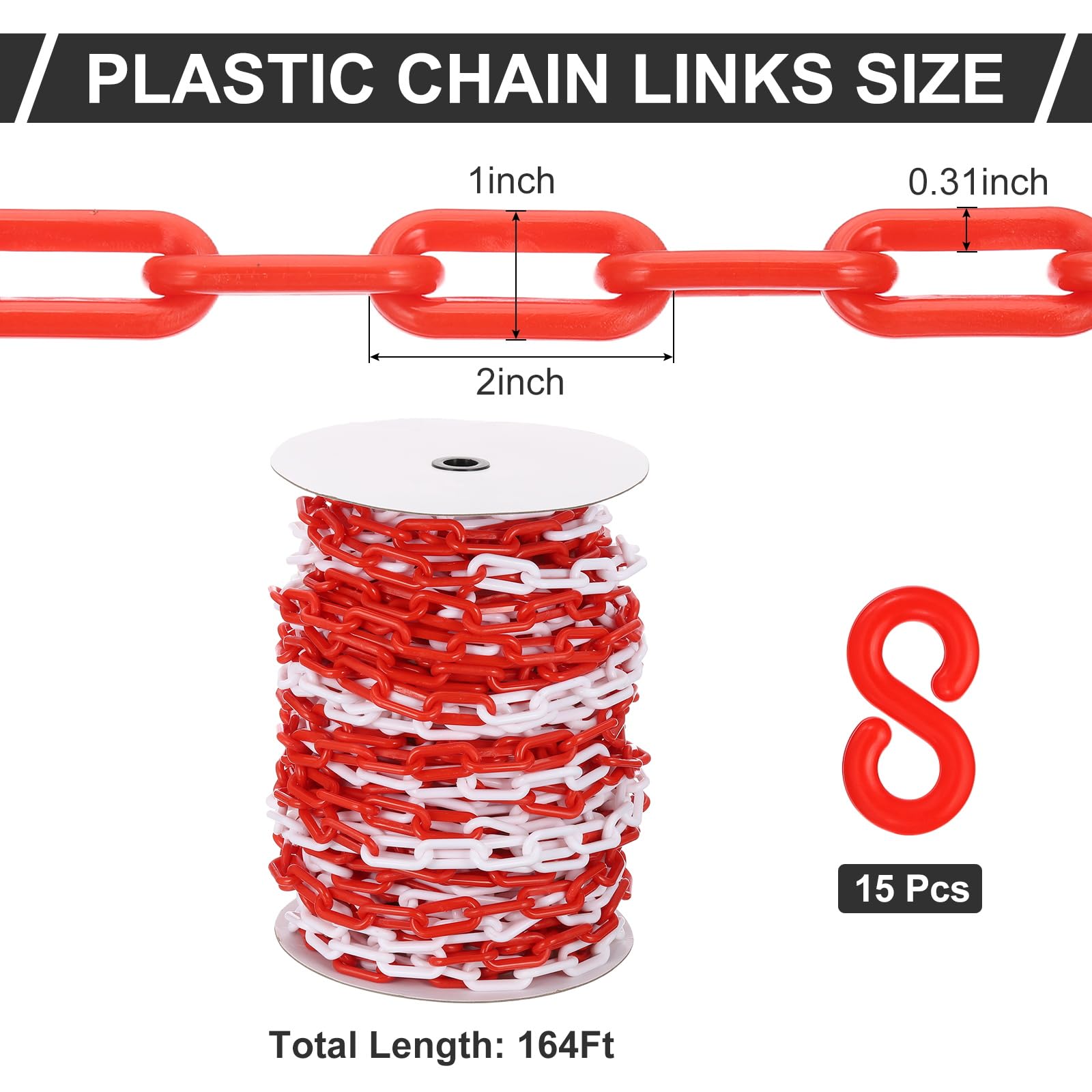PATIKIL Cadena de plástico rojo/blanco, 164pcs 8mm Cadena de barrera de seguridad de plástico grande Larga para control de multitudes, estacionamiento, cerca