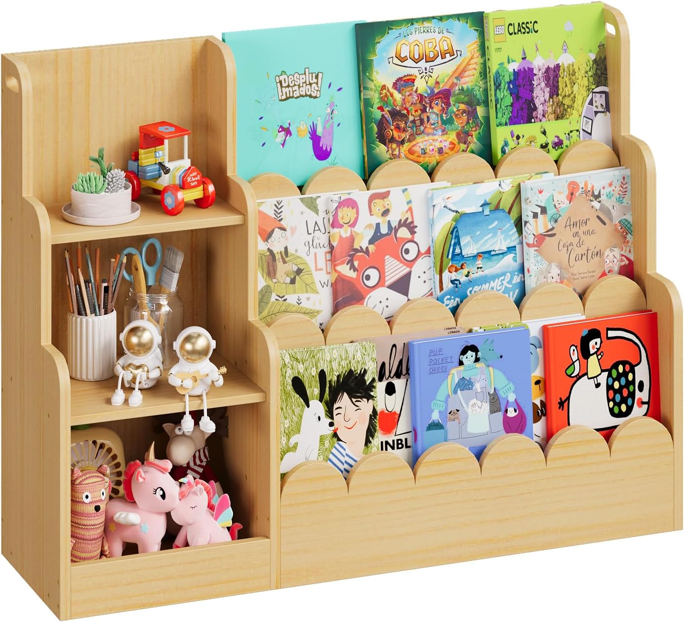 Trironsun 3-Tier Scalloped Kids Bookshelf Montessori Wooden Bookcase with Toy Storage Front Facing Toddler Book Display Organizer for Nursery Playroom and Classroom (Natural Wood)