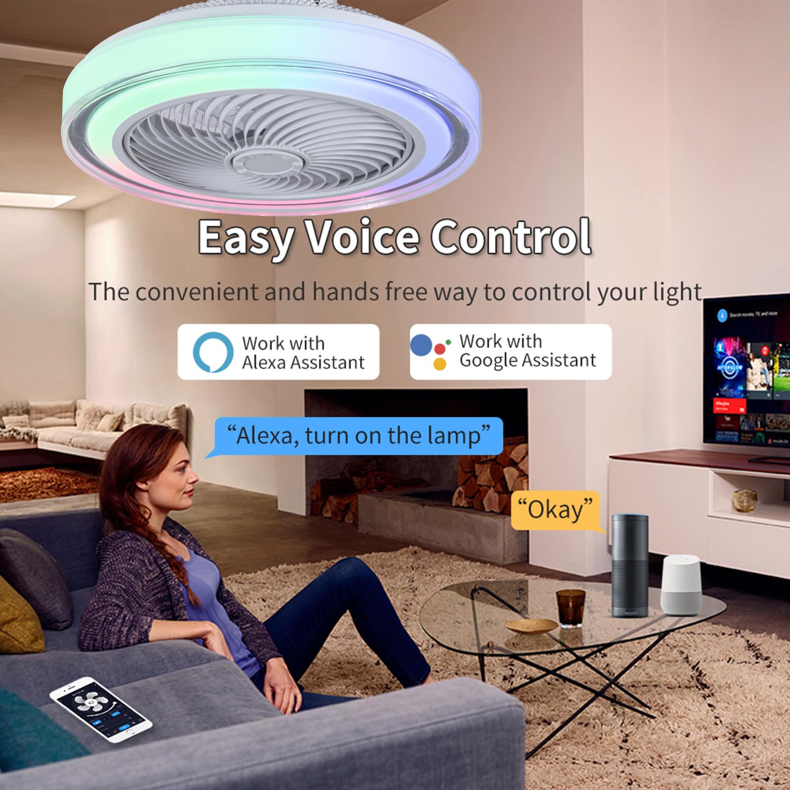 Inteligente Niños RGB Moderna Lámpara Ventilador Techo Motor DC 6 Velocidades Reversible Alexa Altavoz Musical Bluetooth Ventilador De Techo Con Luz Y Mando A Distancia Para Dormitorio Salon