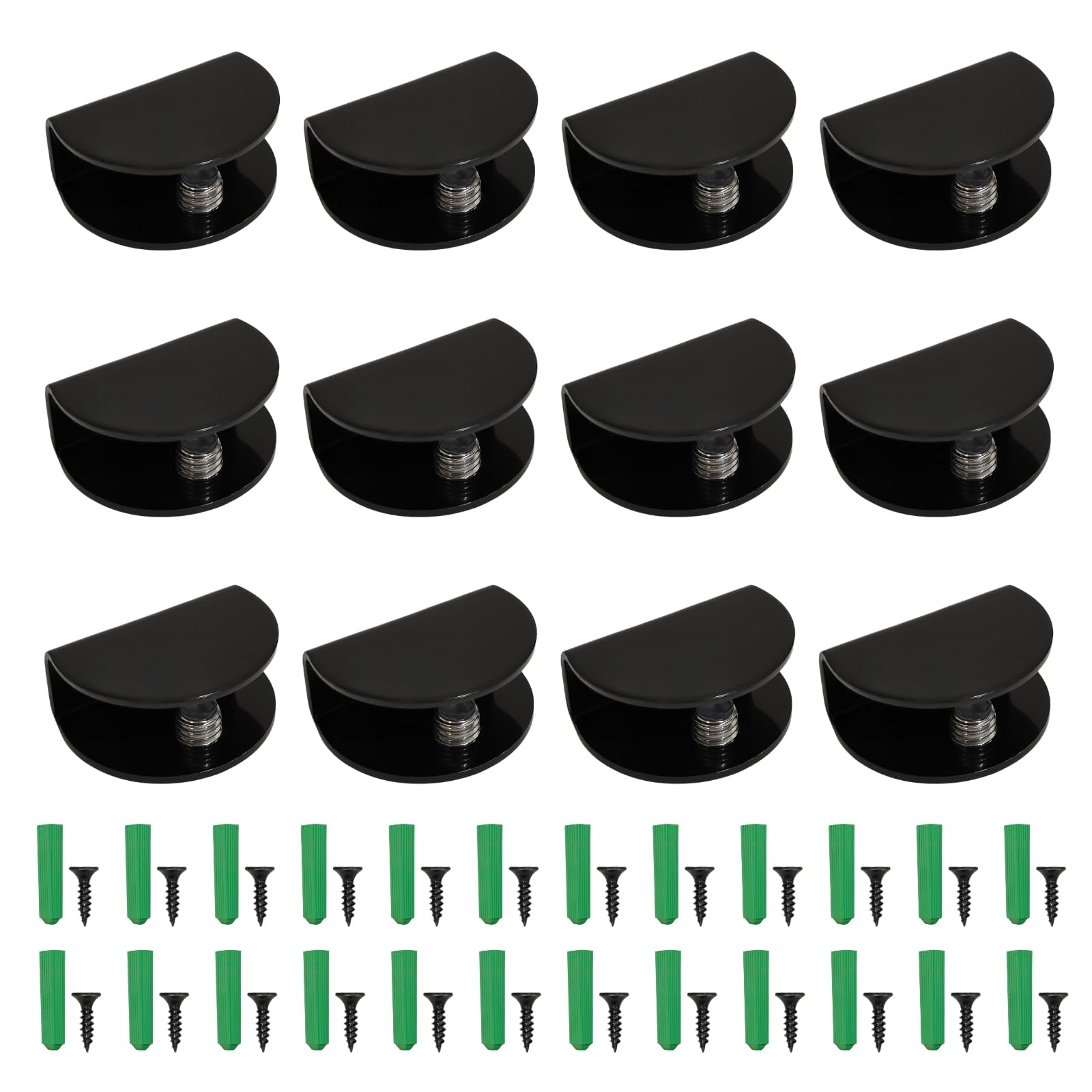 12 Piezas Soporte de Vidrio, Abrazadera de Vidrio de Acero Inoxidable, Soportes para Estanteria de Cristal Clip de Vidrio Semicírculo con Tornillos (Negro, Semicírculo, para Cristal de 6-12 mm)