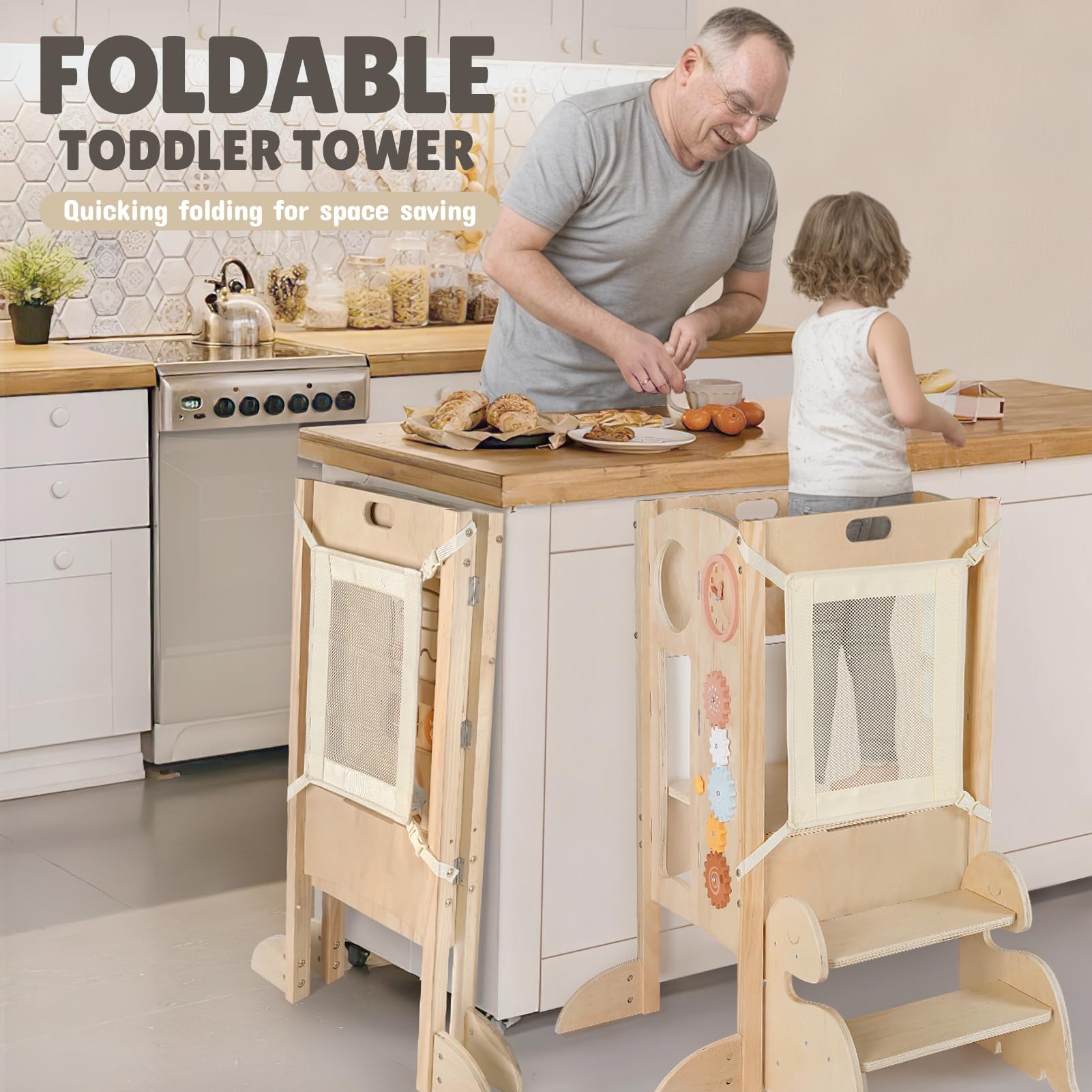 Joyreal Foldable Tower, Toddler Stool Helper with 2 Step Stool, Wooden Standing Tower with 6 Montessori Activity Games, Safety Net & Adjustable Height