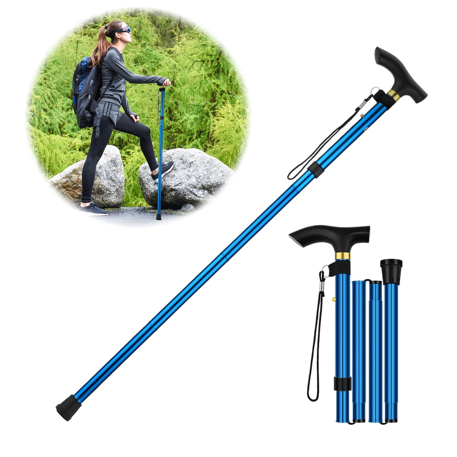 Bastón Plegable, Bastones Altura Ajustable Bastón Plegable y Extensible para Mayores Bastones para Caminar con Pulsera y Mango en T para Senderismo Alpinismo Trail Viaje Azul