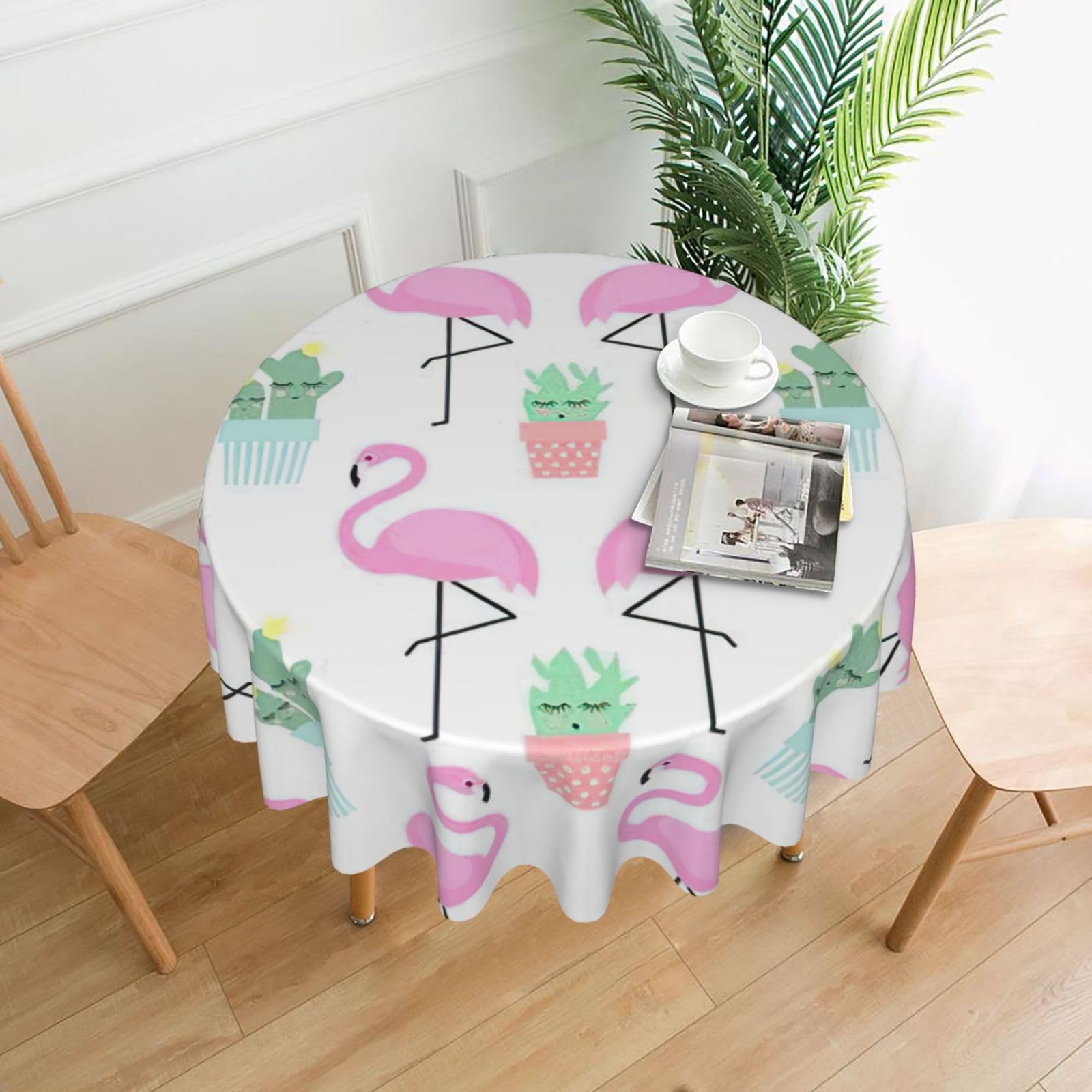 Uusnwaa Tropical Flamingo Cute Cactus Print Round Tablecloth 60 Inch, Stain Wrinkle Resistant Washable Polyester Table Cover For Kitchen Party