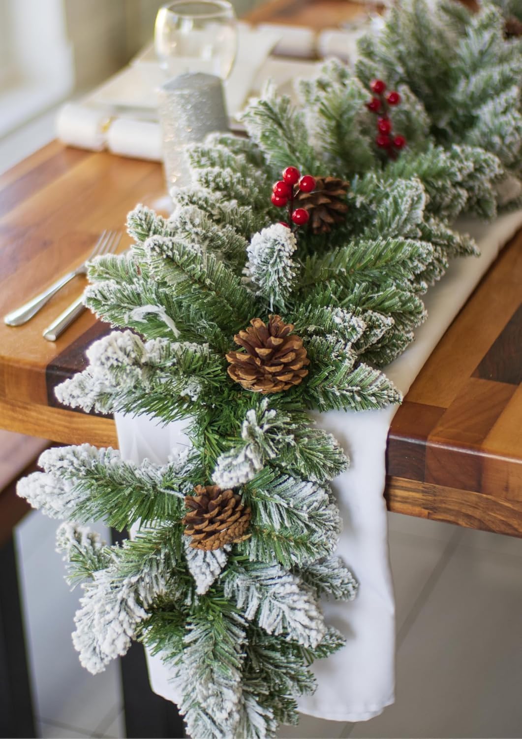 Marco Paul Extra Large 9ft Artificial Snow Flocked Christmas Garland - Frosted Pine Luxury Winter Xmas Garland for Fireplace Staircase Table Display Christmas Decorations