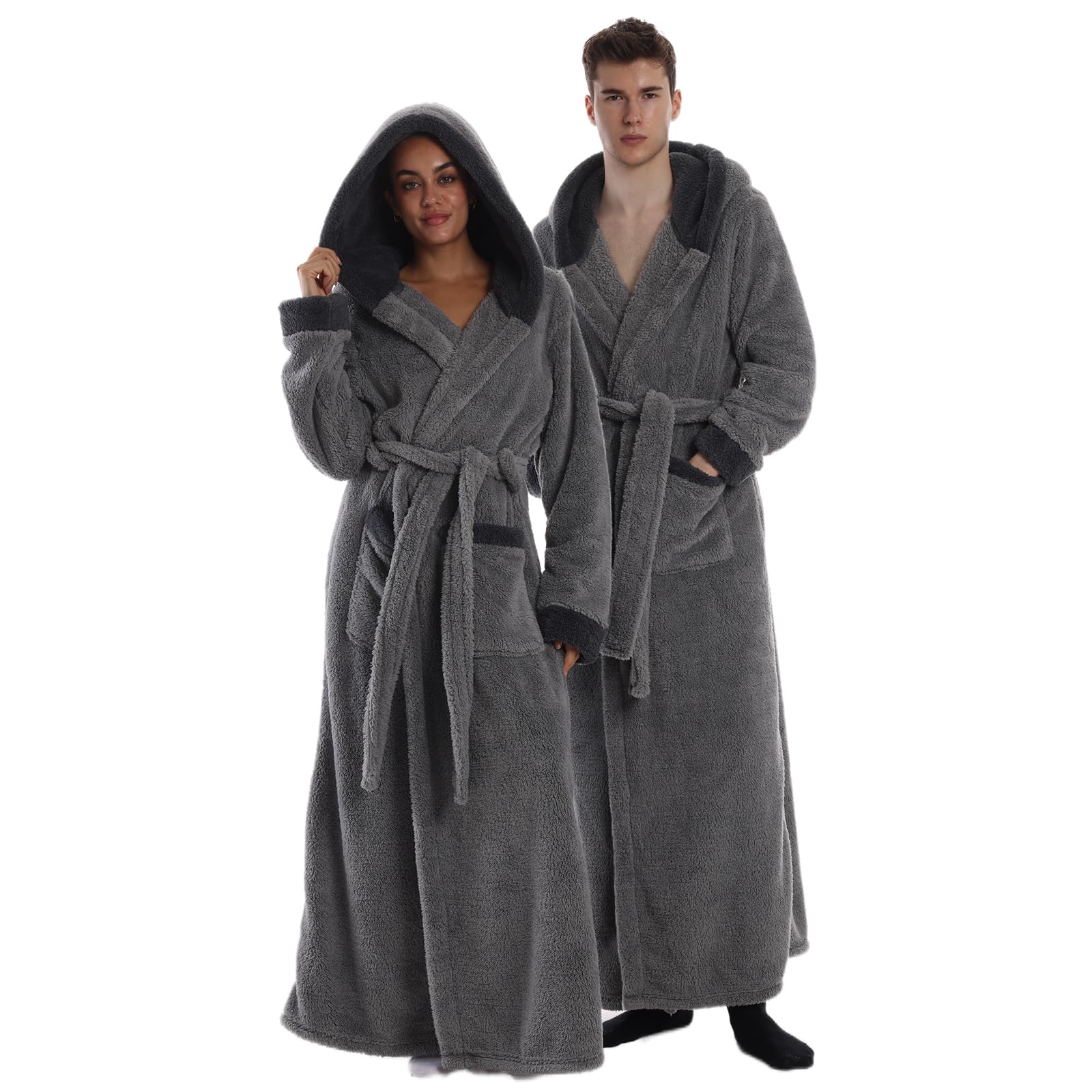 Gegeryozis Peignoir de Bain Homme Femme en Flanelle Polaire - Long et Chaud avec Capuche, Taille Unique pour Sortie de Bain, Spa, Maison - 2 Poches, Ceinture Ajustable