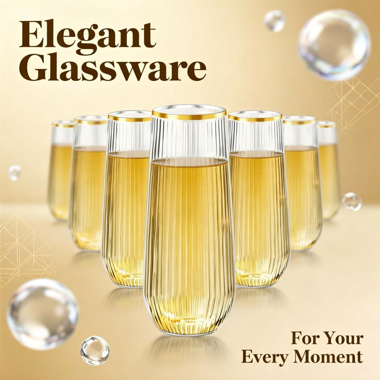 Condition photo showing New/Like New for lueumxc 48 pack plastic champagne flutes, 9 oz ribbed stemless disposable gold rim plastic toasting glasses shatterproof recyclable and bpa-free perfect for wedding 48pack gold rim ribbed