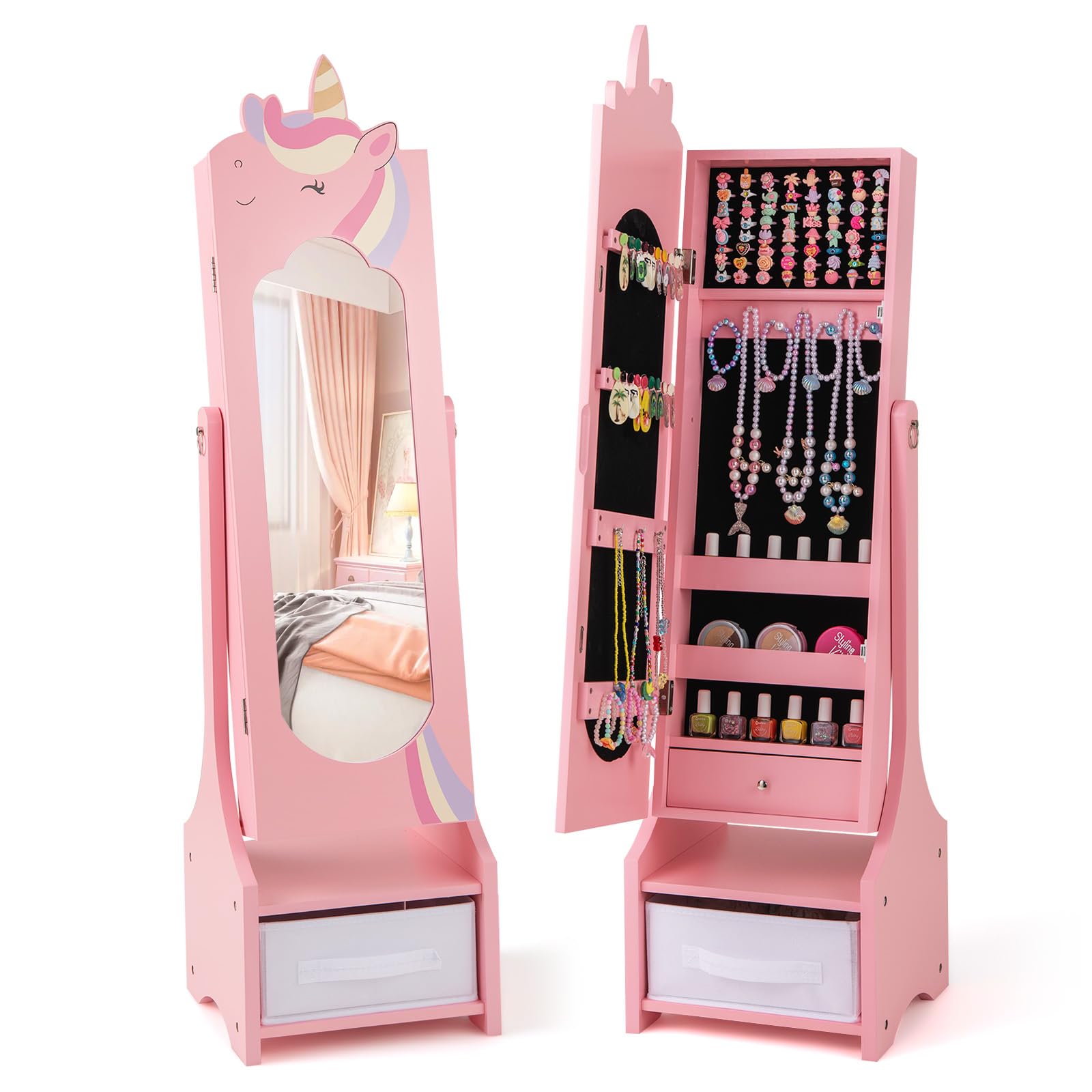 GYMAX Armadio Gioielli per Bambini, Specchio a Figura Intera con 2 Angoli Regolabili, Organizzatore di Gioielli da Principessa con Cassetto per Camera da Letto, Cameretta, 31,5 x 30 x 115cm (Rosa)