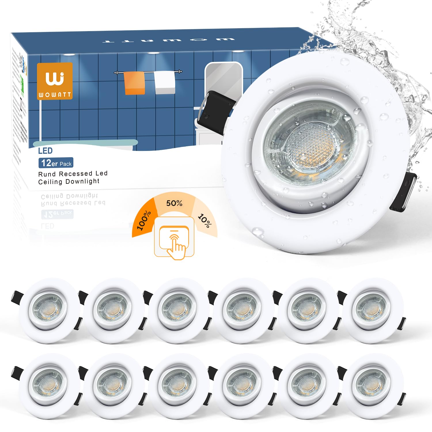 wowatt 12er LED Einbaustrahler 230V 3 Stufe Dimmbar, LED Spots 68mm Lochmaß | 5.5W 600LM Einbauleuchten Schwenkbar 2800K Warmweiß, IP44 Spots Deckenleuchte Ultra Flach für Badezimmer Küche, Weiß Rund