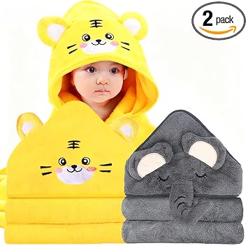 2 Pack Hooded Baby Towels for Newborn, Baby Bath Towel with Hood for Babies, Infant, Toddler and Kids, Soft and Absorbent Newborn EssentialElephant & Tiger