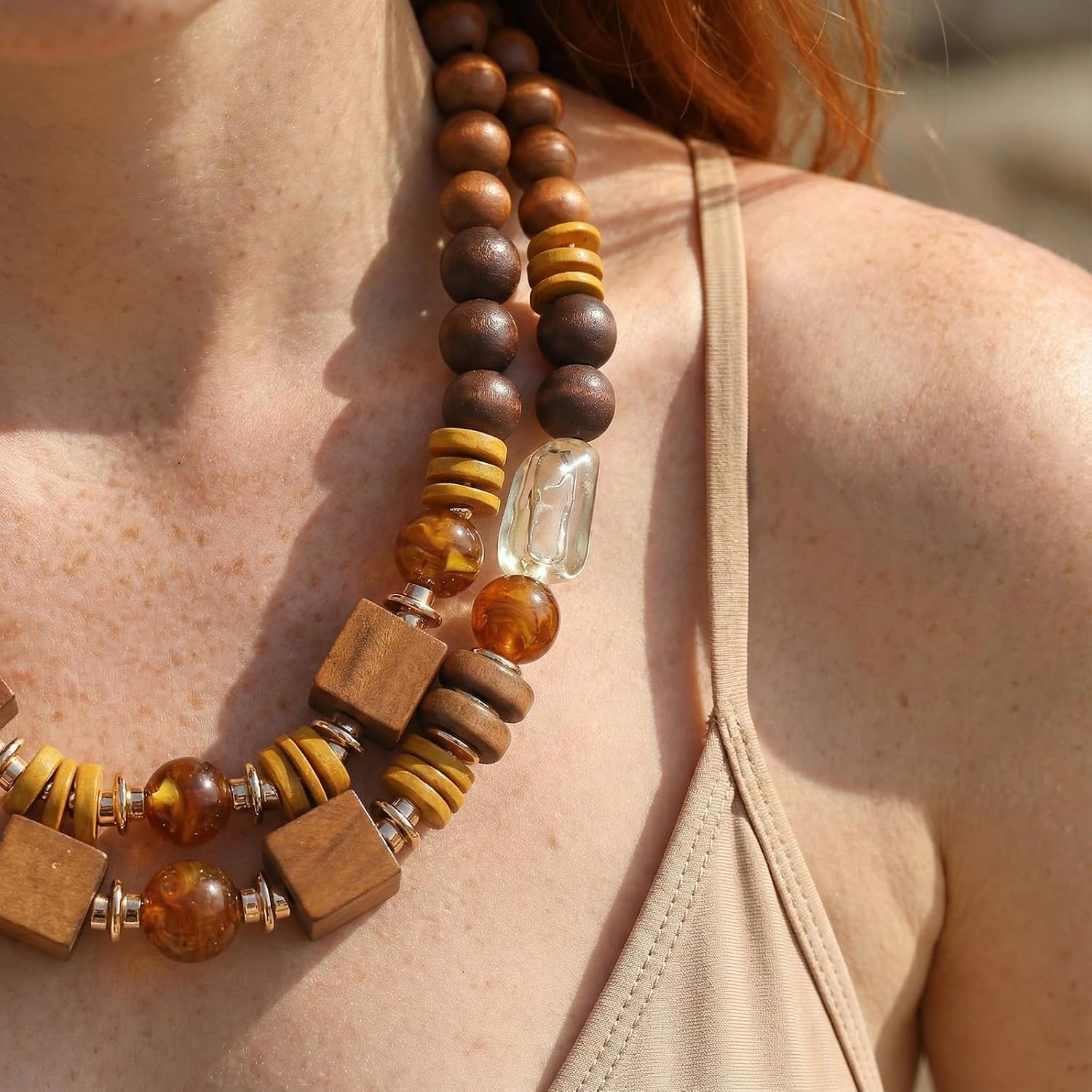 Bocar Bohemian Statement Necklace for Women Two Strand Wooden Bead Chunky Collar Necklace for Women(NK-10814)